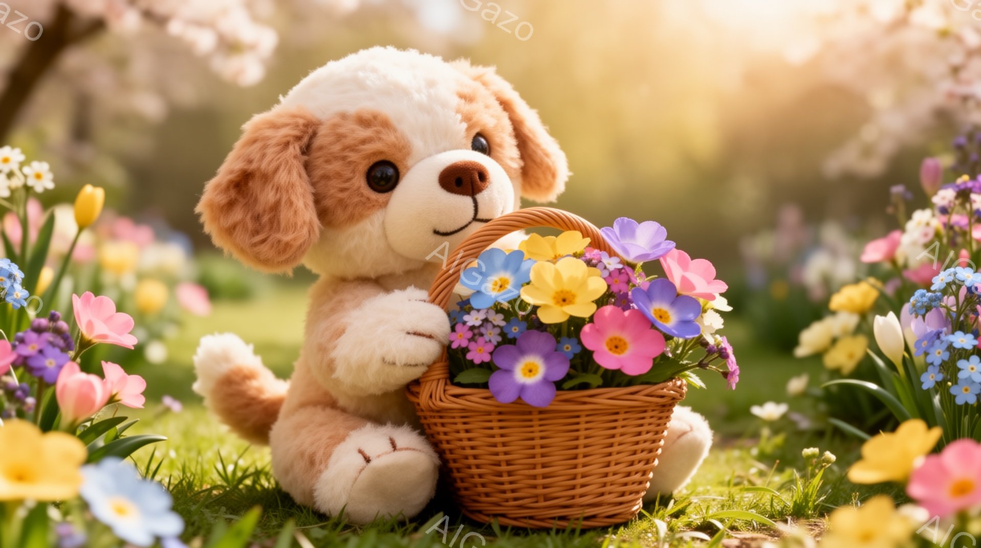 ふわふわの茶色の犬のぬいぐるみが、花が満載のかごを抱えています。周りには色とりどりの春の花が咲き乱れ、背景にはぼやけた木々が見えます。暖かく穏やかな雰囲気で、春の訪れを感じさせます。