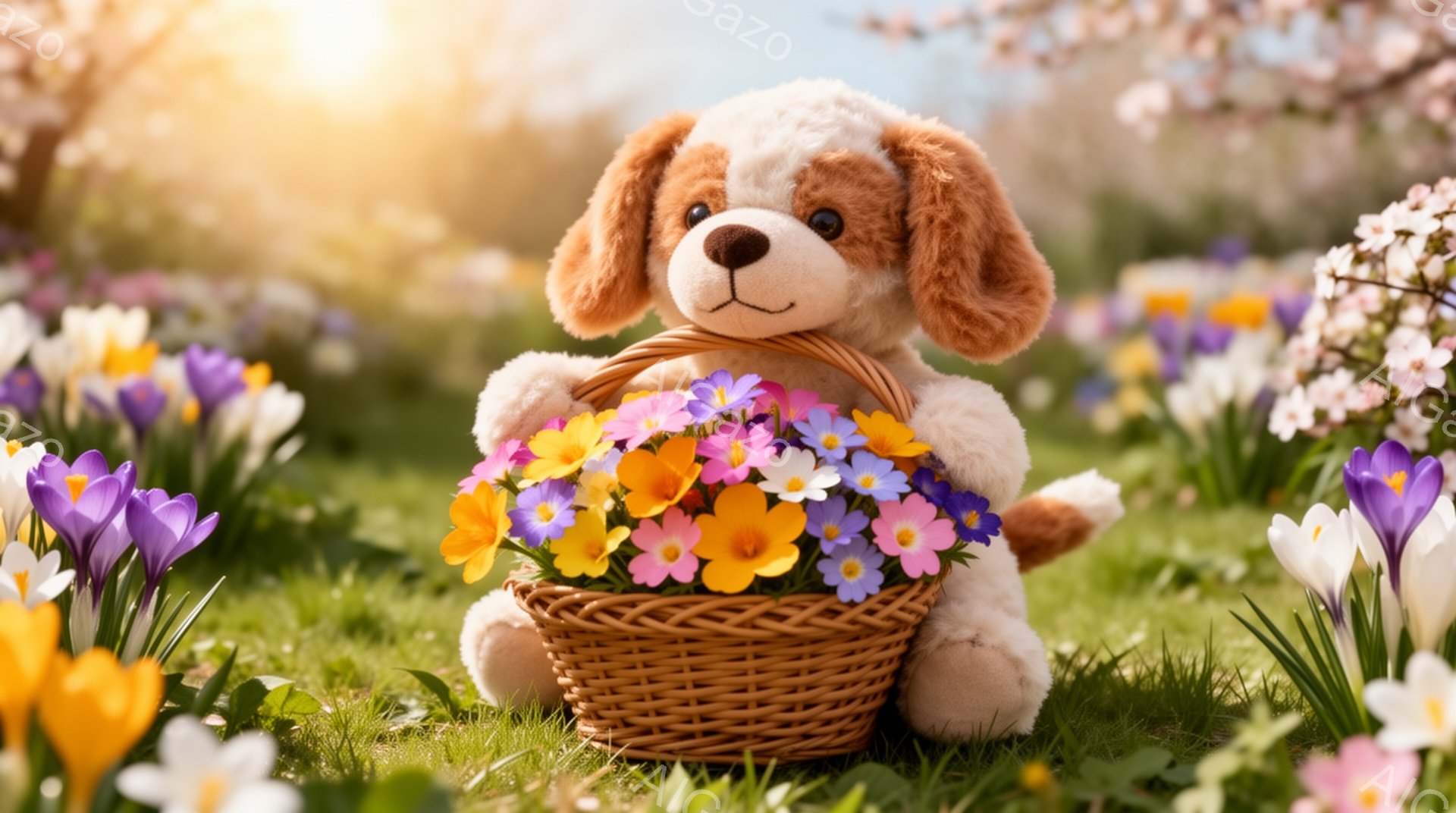 春の穏やかな日に、かわいらしい子犬のぬいぐるみが花盛りの草原に座っています。手には色とりどりの花が溢れるバスケットを持って、優しい笑顔を浮かべています。背景には桜の木が咲き誇り、暖かく柔らかな光が降り - AI生成フリー素材