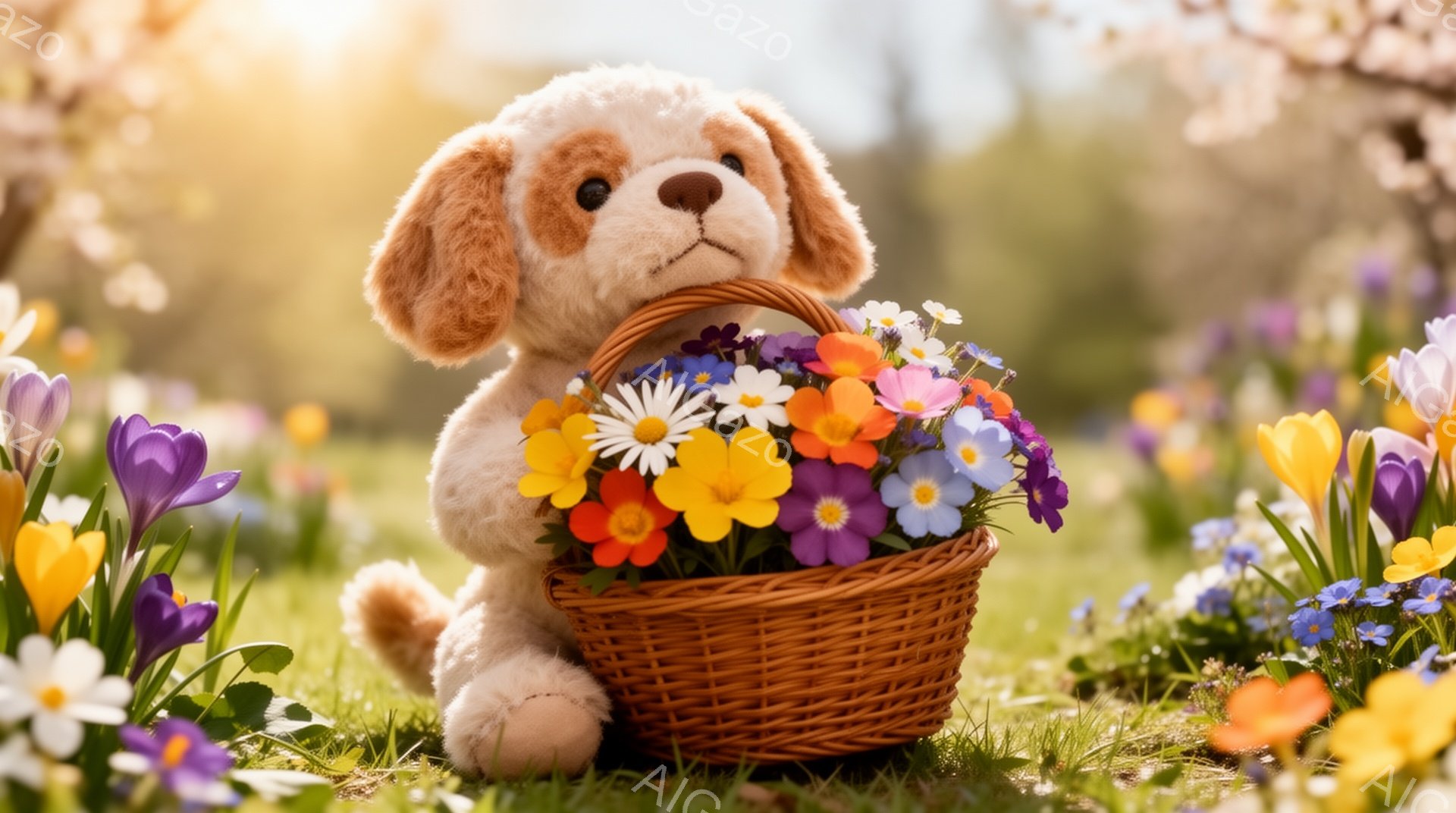 春の野原で、子犬のぬいぐるみが花が入ったバスケットの横に座っている。周囲には色とりどりの花が咲き乱れ、暖かく柔らかな光が差し込んでいる。穏やかで平和な春の雰囲気が伝わってくる。 - AI生成フリー素材