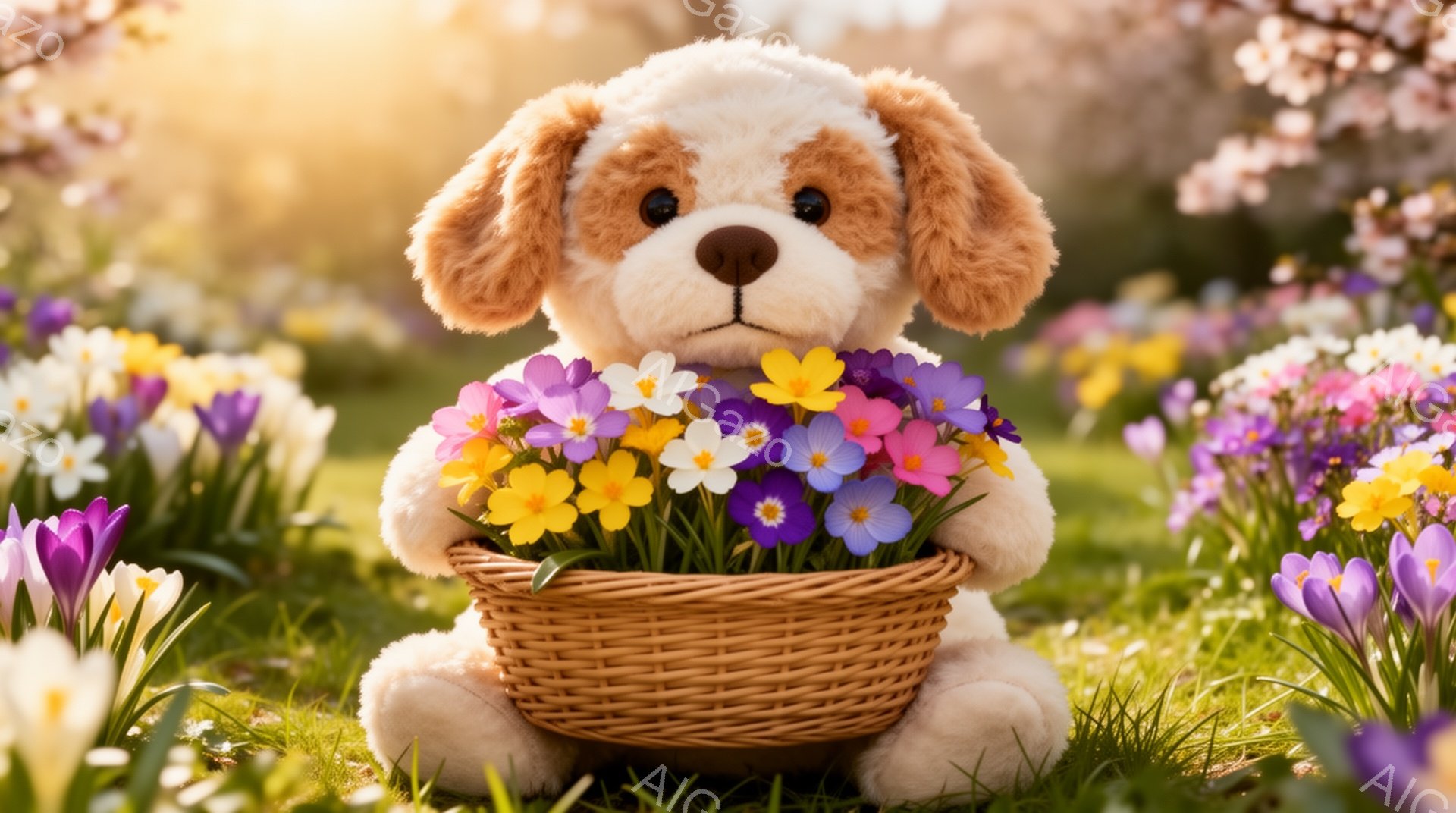 ふわふわの犬のぬいぐるみは、花が咲き乱れる草原の中に座り、いっぱいに花が入ったバスケットを抱えています。春らしい柔らかな光が全体を包み込み、幸福感と平和な雰囲気を醸し出しています。背景には桜の木が見え - AI生成フリー素材
