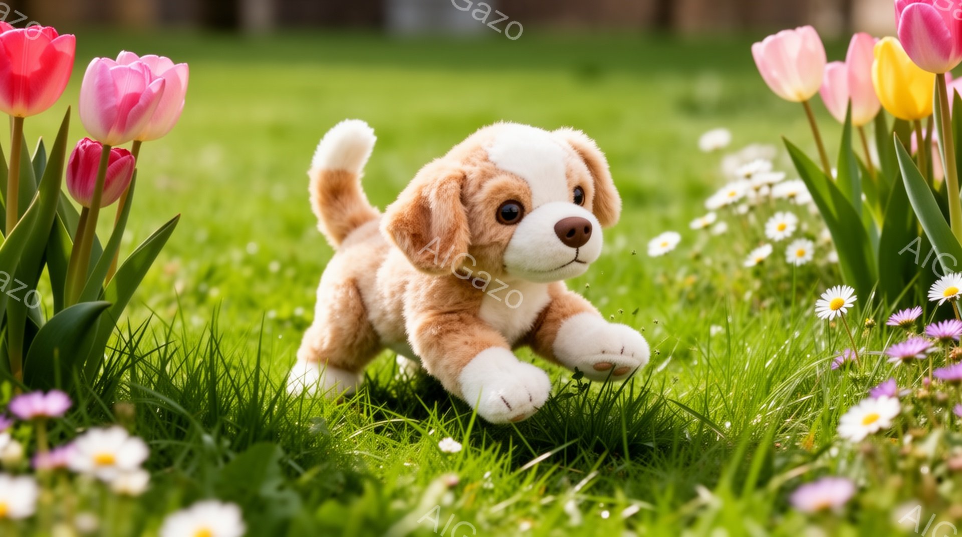 緑の草むらの中を子犬が元気に駆け回っています。周りには色とりどりのチューリップやマーガレットが咲き誇り、春の暖かさと生命力に満ちた様子が伝わってきます。子犬の可愛らしい姿と花々の鮮やかな色彩が、明るい - AI生成フリー素材