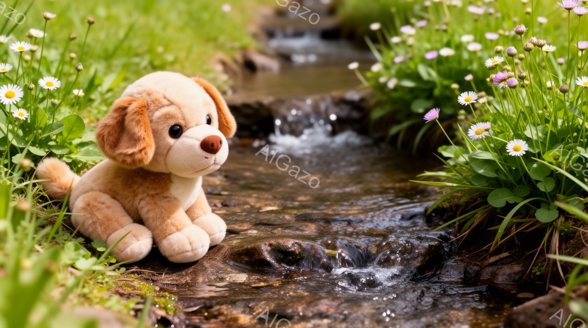 ぬいぐるみ犬が小川のそばに座っている。周りには緑豊かな草と小さな白い花が咲き、水は静かに流れている。穏やかで平和な雰囲気の自然の中の可愛らしい光景だ。 - AI生成フリー素材