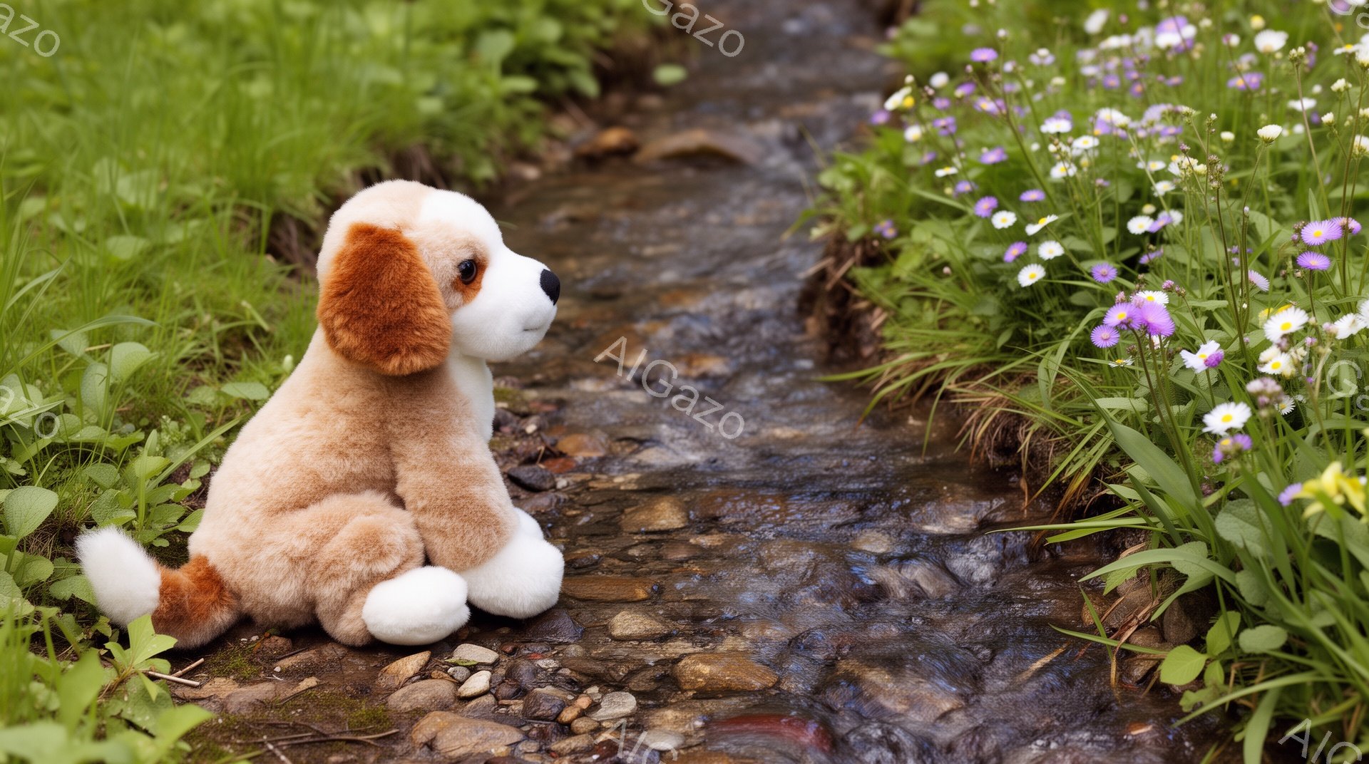 小さな犬のぬいぐるみは、岩と水が流れる小川のそばに座っています。周りには緑の草や小さな紫色の花が咲き乱れ、春らしい穏やかな雰囲気です。ぬいぐるみの表情は穏やかで、リラックスした様子が伺えます。