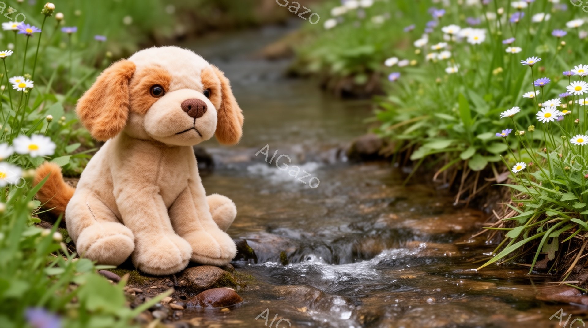 穏やかな小川のほとりに、明るい茶色のぬいぐるみ犬が座っています。周囲には緑の植物と小さな白い花が咲き乱れ、静かで平和な雰囲気が漂っています。犬のぬいぐるみは、少し憂いを帯びた表情で、どこかを見つめているようです。