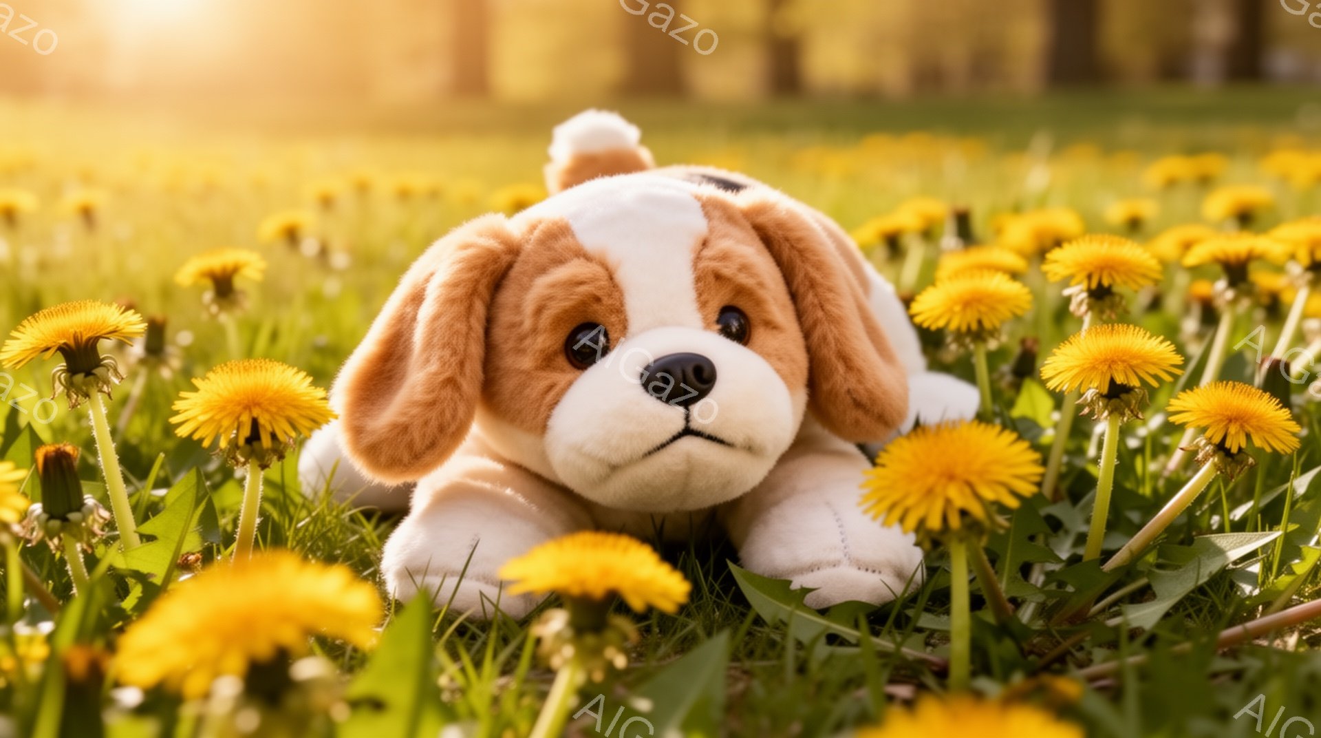 明るい日差しの下、タンポポ畑で子犬のぬいぐるみがおとなしく座っている。ぬいぐるみは茶色と白の毛並みで、つぶらな瞳が印象的だ。背景は緑豊かな草地で、春の暖かな雰囲気が漂っている。 - AI生成フリー素材