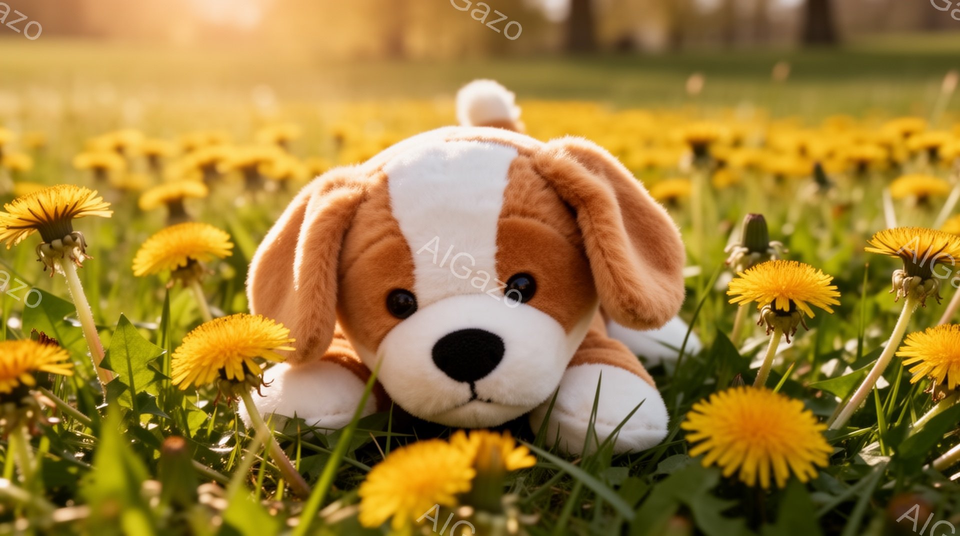 黄色いタンポポの花畑に、茶色と白の毛並みのプーチ犬のぬいぐるみがおとなしく横たわっています。ぬいぐるみは暗い目の色をしており、愛らしい表情を浮かべています。春の柔らかな日差しが差し込み、暖かく優しい雰 - AI生成フリー素材