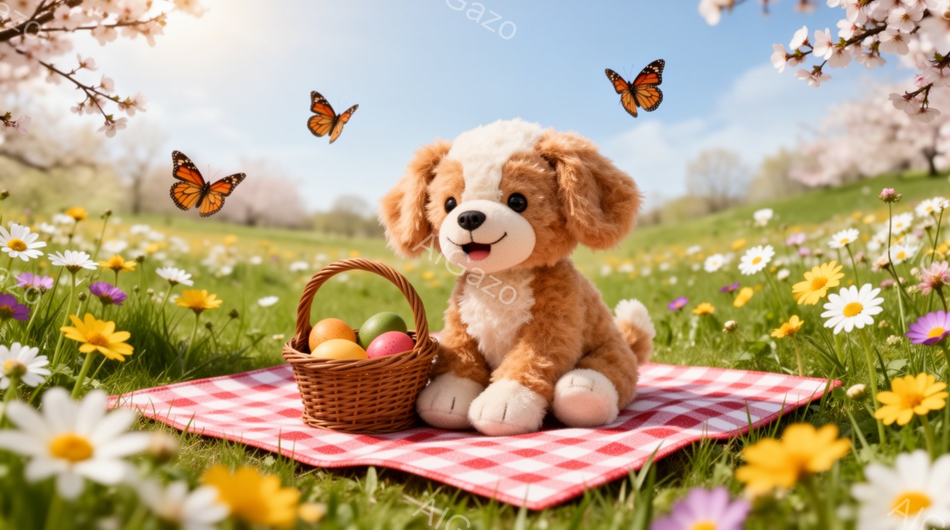 緑の草原に赤いチェックの敷物が敷かれ、その上に可愛らしい子犬が座っています。子犬はバスケットいっぱいのカラフルな卵の横で微笑んでおり、周りには鮮やかな野花が咲き乱れ、数匹の蝶が舞っています。春の陽気なピクニックの様子が表現されています。
