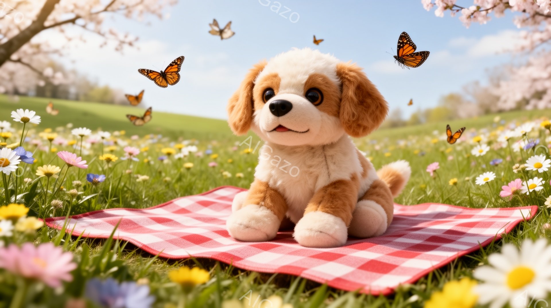 緑豊かな草原に赤いチェックの敷物が敷かれ、その上に愛らしい子犬のぬいぐるみがお座りしています。周りには色とりどりの花が咲き乱れ、蝶が舞い、春の穏やかな雰囲気が漂っています。子犬は優しい表情でこちらを見 - AI生成フリー素材