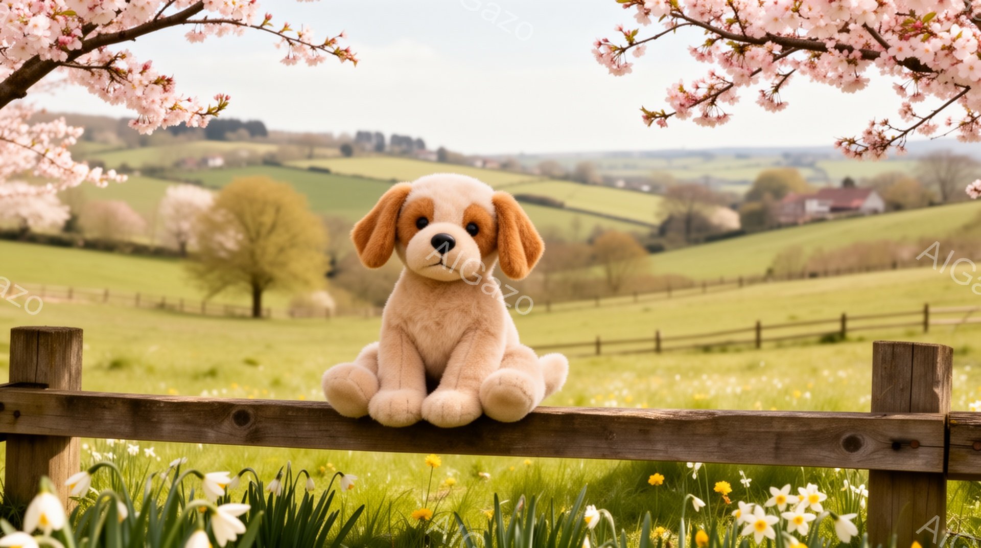 柵の上に座っているぬいぐるみの子犬がいます。背景には緑の丘と白い花が咲き乱れる春の風景が広がっており、暖かく穏やかな雰囲気です。まるで子犬が春の訪れを心待ちにしているかのようです。 - AI生成フリー素材