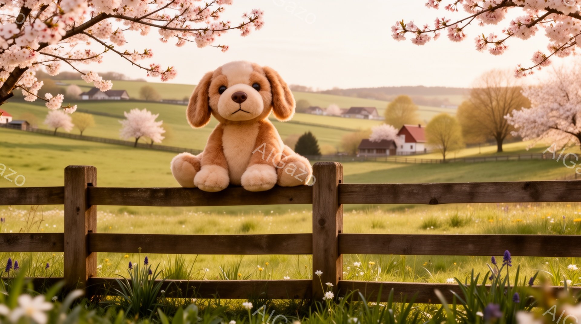 春の牧草地を背景に、フェンスの上に座っているふわふわの茶色の犬のぬいぐるみです。周囲には色とりどりの花が咲き乱れ、遠くには小さな家々が見えます。暖かく穏やかな春の日の光が降り注ぎ、平和な雰囲気を醸し出 - AI生成フリー素材