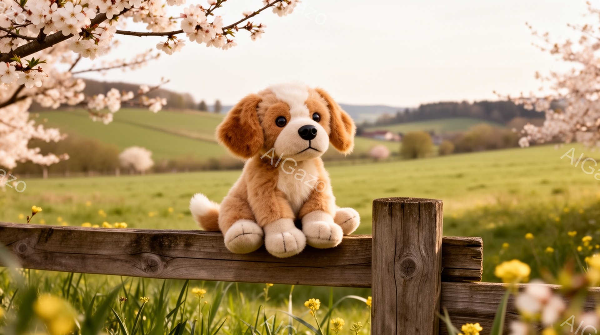 柵の上に座っているふわふわの茶色の犬のぬいぐるみです。背景には緑の草原と白い花が咲き乱れる木々が見え、穏やかな春の日の雰囲気が漂っています。暖かく優しい光が全体を包み込み、平和な光景を作り出しています - AI生成フリー素材