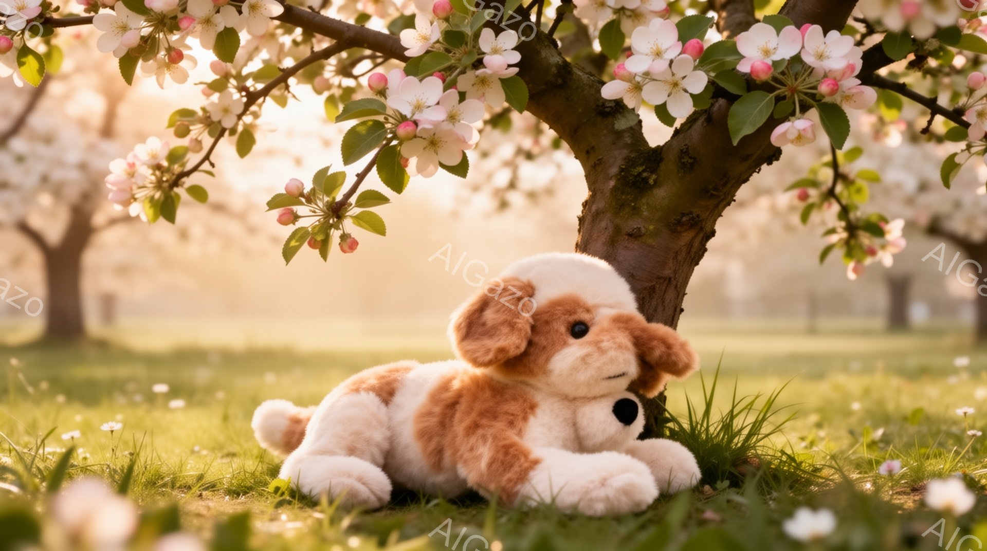 緑の草の上に、ふわふわのクリーム色の犬のぬいぐるみがおとなしく横たわっています。背景には桜の木があり、ピンク色の花が咲き乱れ、柔らかい日差しが全体を暖かく照らしています。春の穏やかな雰囲気の中で、犬の - AI生成フリー素材