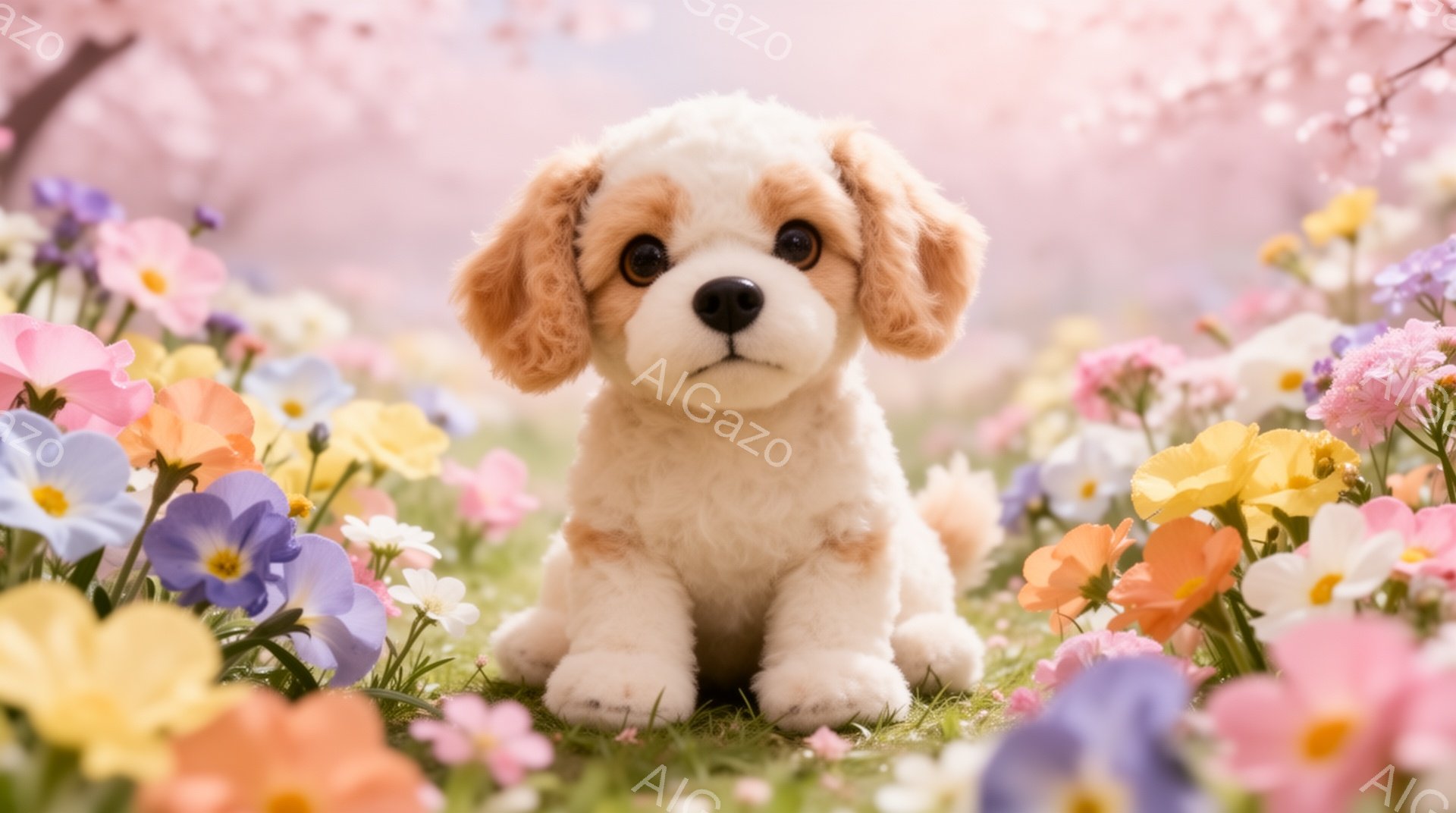 小さなクリーム色のパピーが、色とりどりの花に囲まれた草の上に座っています。パピーは前をまっすぐ見ており、その表情は穏やかで愛らしいです。背景にはぼやけた桜の木が見え、春の暖かく優しい雰囲気を作り出して - AI生成フリー素材