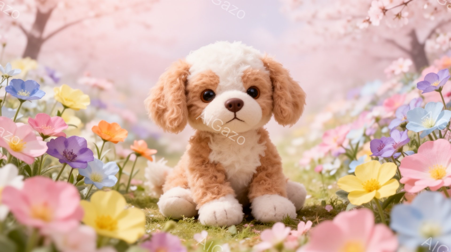 鮮やかな春の花畑に、クリーム色の毛並みと茶色の耳を持つ、愛らしい子犬が座っています。子犬は正面を見つめ、穏やかで優しい表情をしています。背景には桜の木がぼんやりと見え、春の暖かく優しい雰囲気を醸し出し - AI生成フリー素材