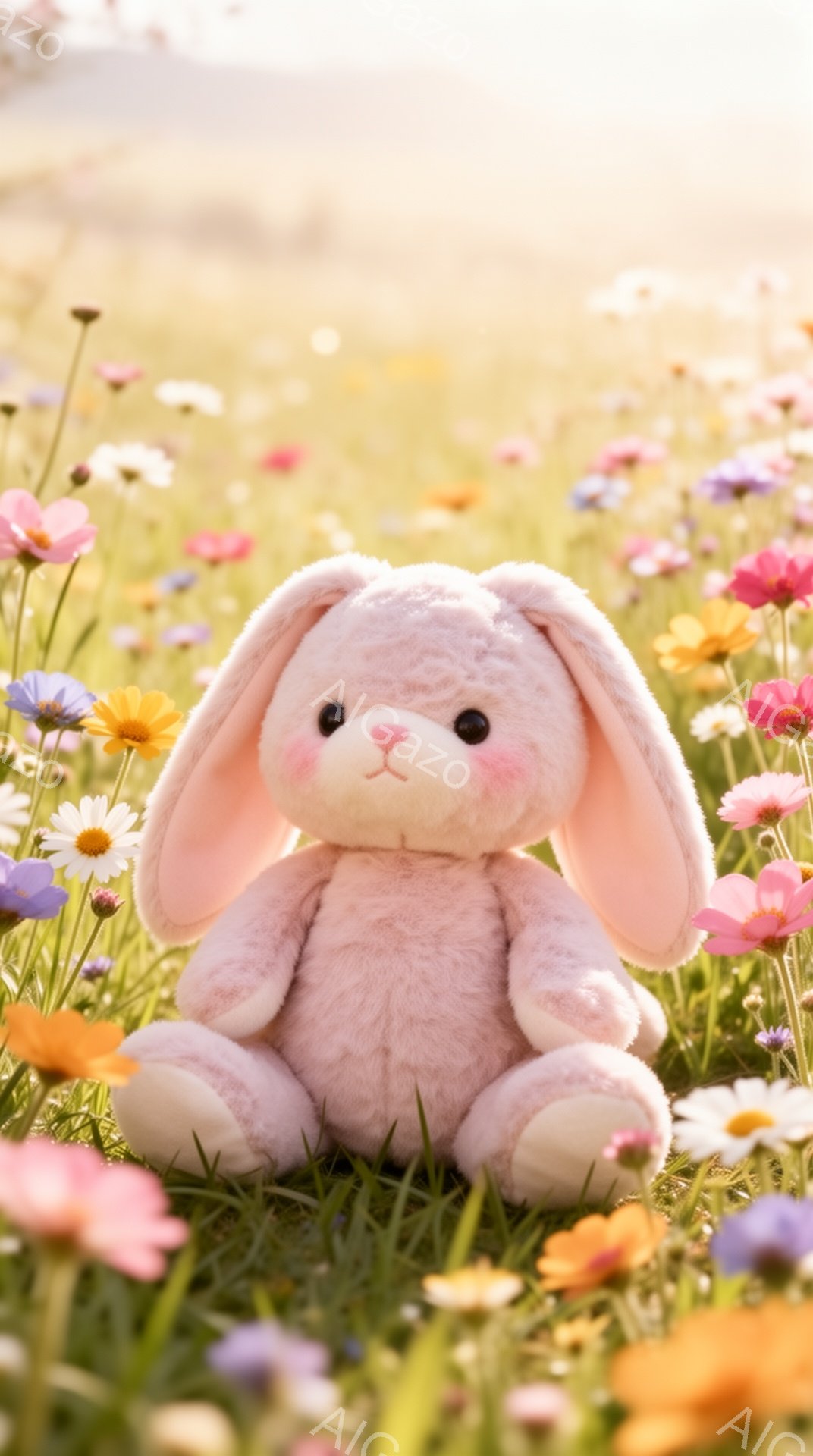 鮮やかな花畑の中に、ふわふわのピンク色のうさぎのぬいぐるみがあります。うさぎは正面を向いていて、つぶらな瞳が可愛らしいです。背景はぼかされていて、暖かく穏やかな雰囲気が漂っています。 - AI生成フリー素材