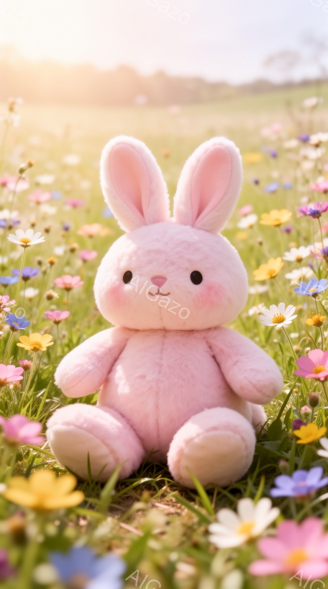 ピンク色のふわふわのウサギのぬいぐるみは、色とりどりの花々が生い茂る草の上に座っています。穏やかな日差しが差し込み、暖かい春の雰囲気を醸し出しています。ぬいぐるみは愛らしい表情で、見る人の心を癒します - AI生成フリー素材