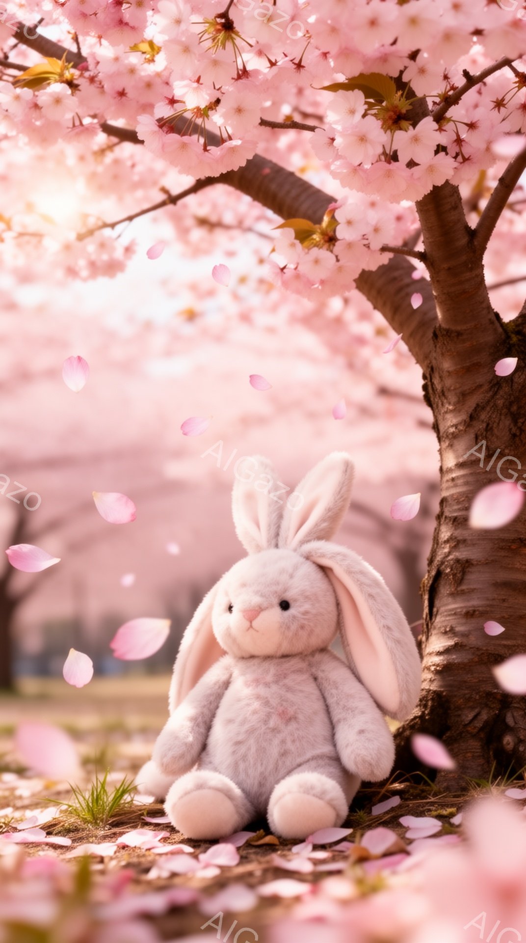 桜の木の下に座っているふわふわの白いウサギのぬいぐるみです。桜の花びらが舞い散り、春の穏やかな雰囲気が漂っています。ウサギは丸いフォルムで可愛らしく、春の暖かさを感じさせる一枚です。 - AI生成フリー素材