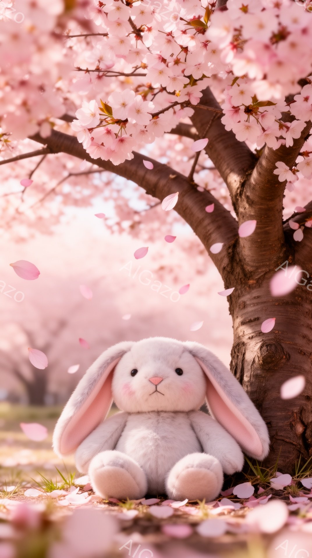 桜の木の下に座っているふわふわの白いウサギのぬいぐるみです。桜の花びらが舞い散り、春の暖かく穏やかな雰囲気が漂っています。優しい色合いと柔らかな光が、心を安らげる心地よい情景を作り出しています。 - AI生成フリー素材