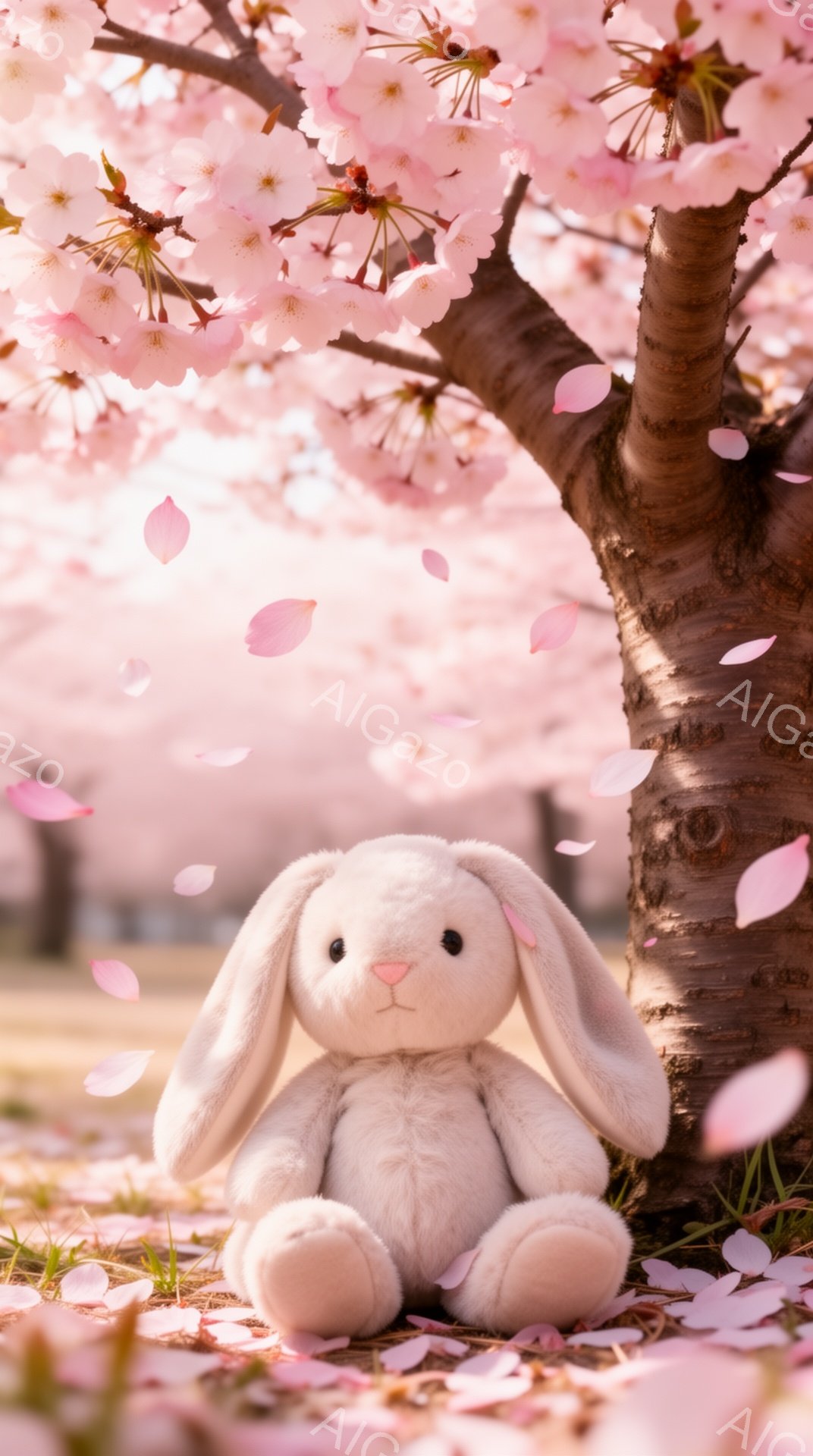 淡いピンク色の桜並木の中に、白いふわふわのウサギのぬいぐるみがあります。 桜の花びらが舞い散り、春の暖かく穏やかな雰囲気が伝わってきます。 ぬいぐるみは地面に座り、優しい表情でこちらを見ているようです - AI生成フリー素材