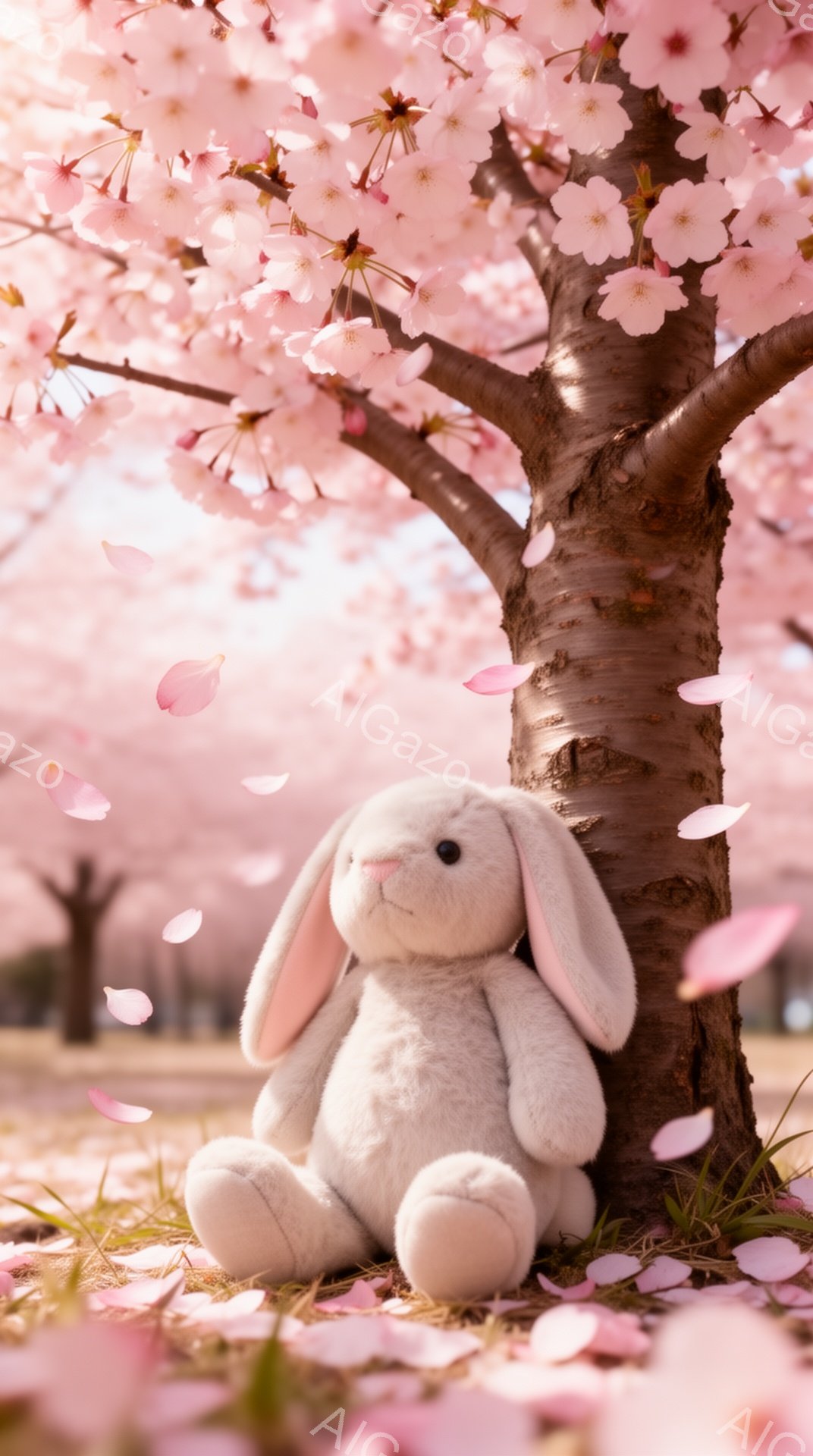 淡いピンク色の桜の花びらが舞い散る中、白いぬいぐるみウサギが桜の木の根元に座っています。ウサギは穏やかな表情で、春の暖かく優しい雰囲気に包まれています。背景にはぼやけた桜並木が広がり、幻想的な光景を作 - AI生成フリー素材