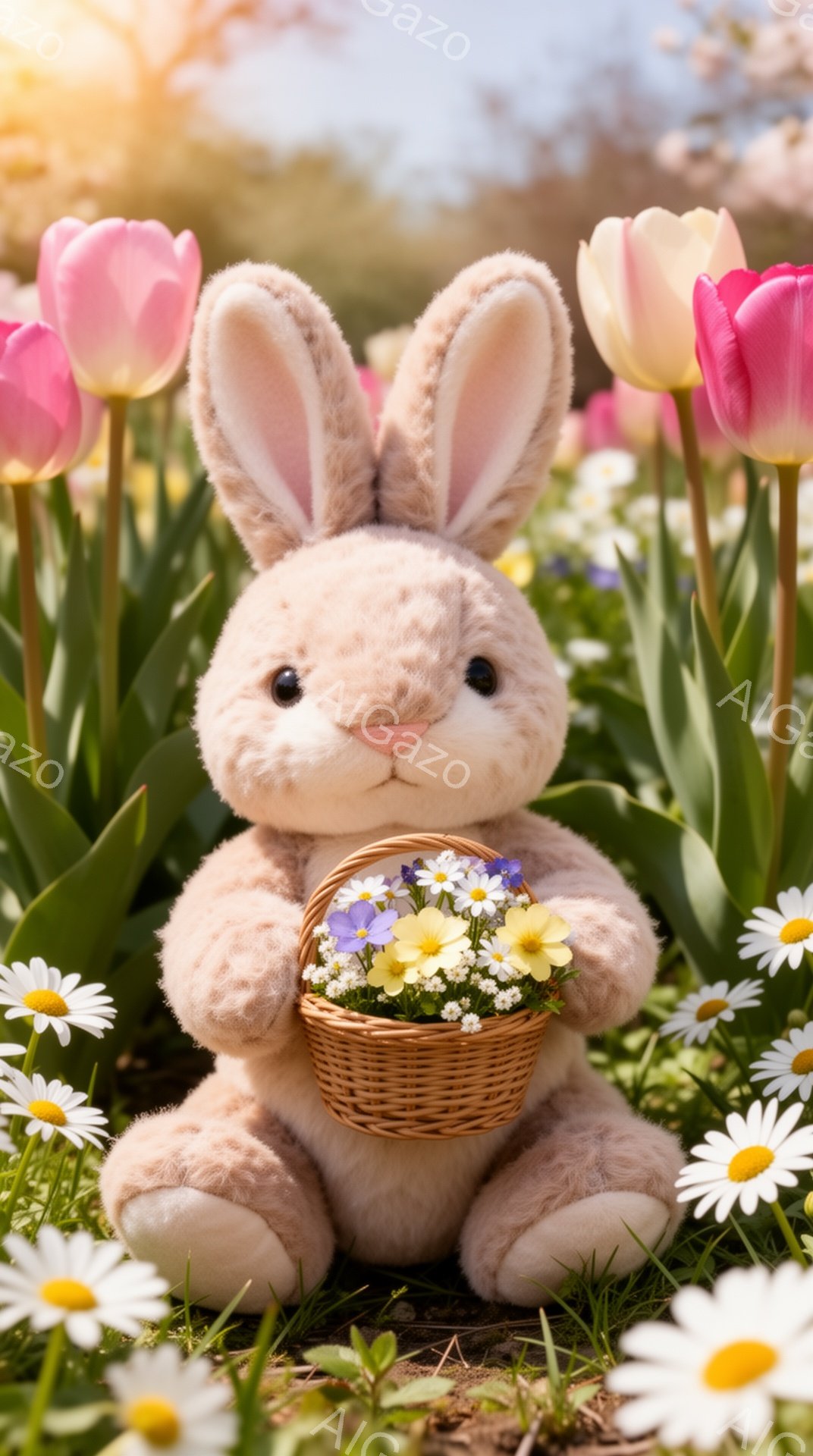ふわふわの茶色のウサギが、花が咲き乱れる草原に座っています。ウサギは小さなバスケットを持っており、中には色とりどりの花が活けられています。春らしい暖かく優しい雰囲気の画像です。 - AI生成フリー素材