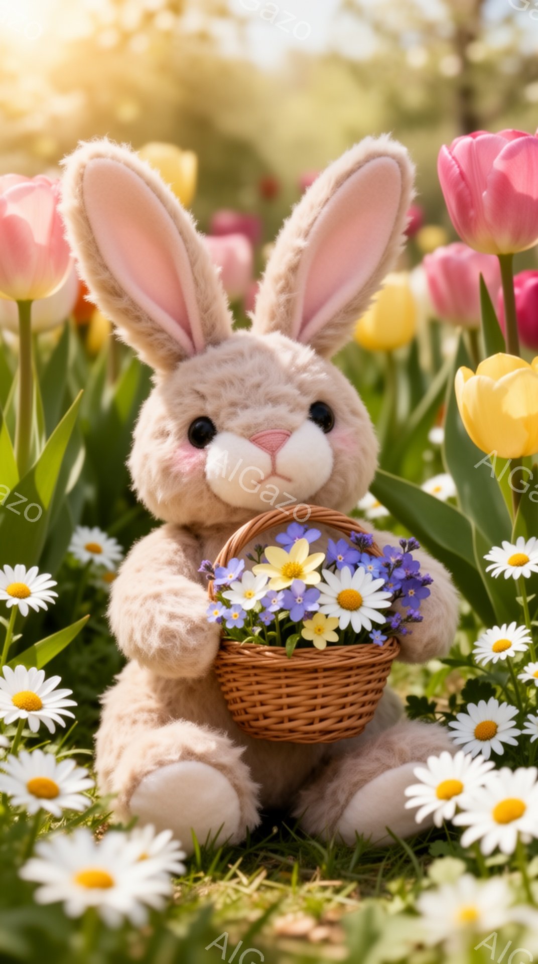 ふわふわの茶色のウサギのぬいぐるみは、花でいっぱいの緑の草の上に座っています。ウサギは小さなバスケットを抱えており、中には青と黄色の花が咲き誇っています。背景には、色とりどりのチューリップやデイジーが - AI生成フリー素材