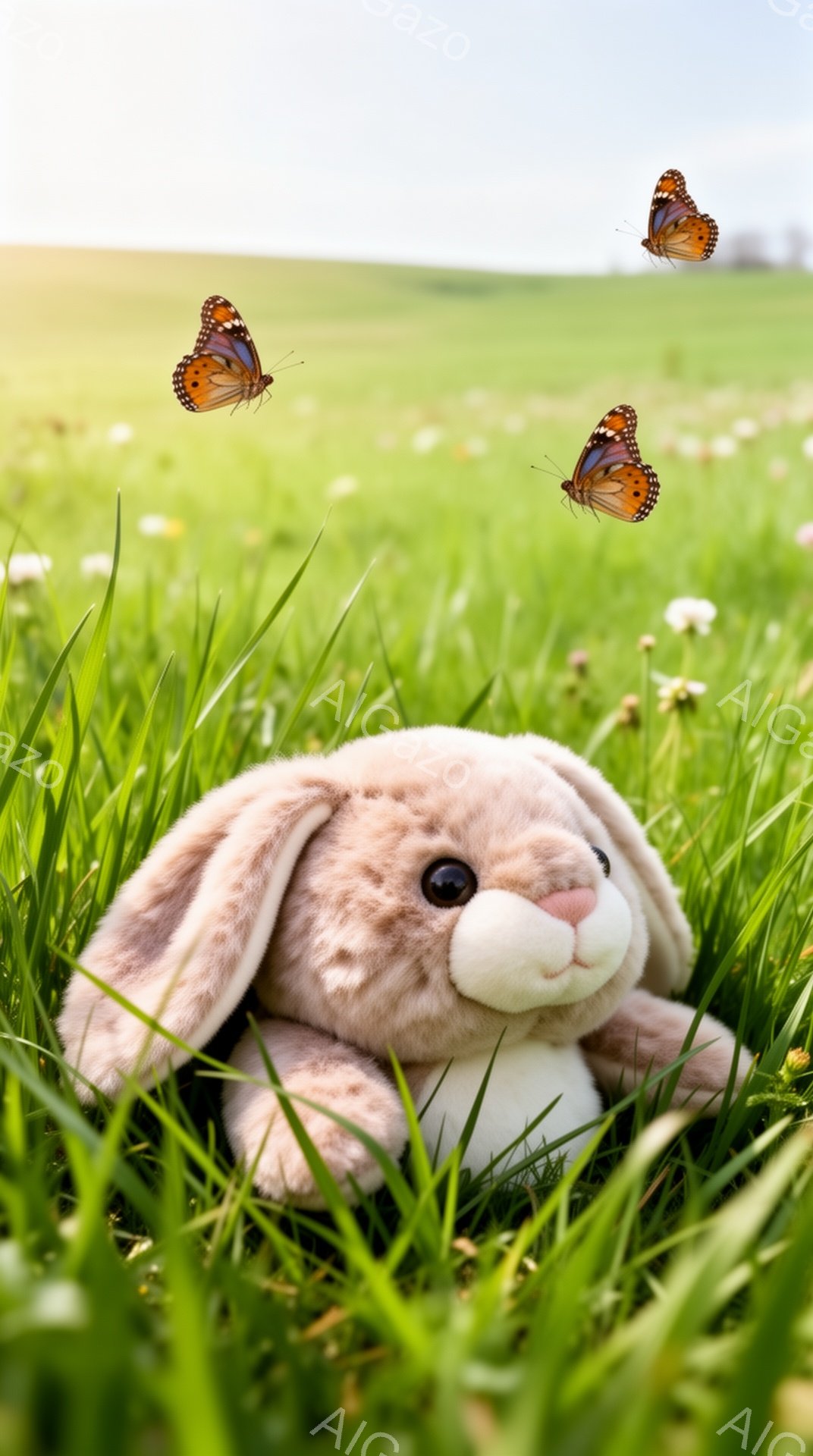 柔らかい毛並みのうさぎのぬいぐるみは、緑豊かな草むらに埋もれています。周りには蝶が舞い、穏やかで平和な雰囲気を醸し出しています。春らしい、優しい光が差し込んでいます。 - AI生成フリー素材