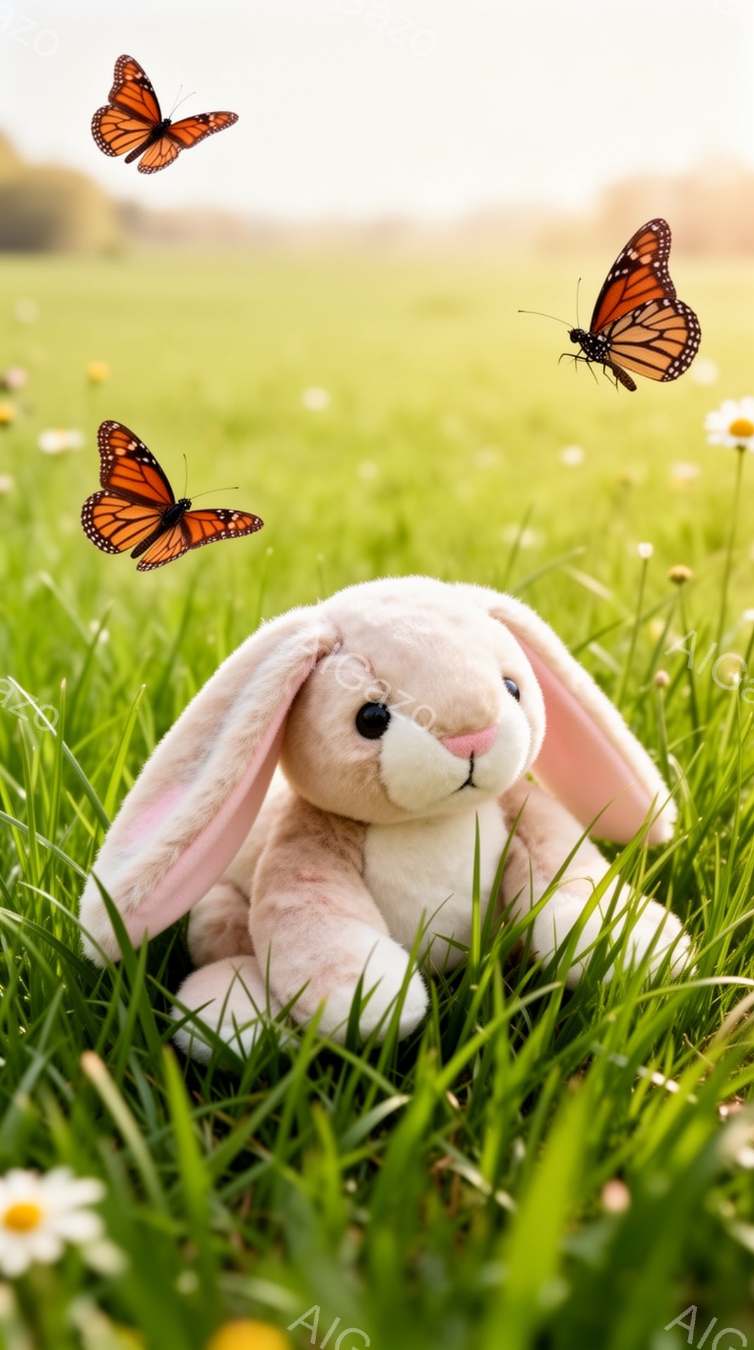 ふわふわのピンク色のウサギのぬいぐるみは、緑豊かな草の上に座っています。周りには白い小さな花が咲き、オレンジ色の蝶が舞っています。穏やかで可愛らしい雰囲気の、春の日の光景です。 - AI生成フリー素材