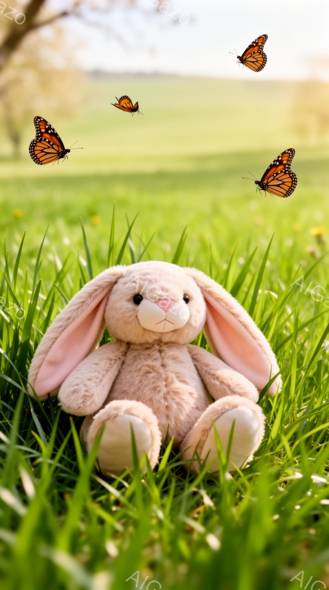 淡いピンク色のウサギのぬいぐるみは、緑豊かな草の上に座っています。周囲にはオレンジ色の蝶が舞い、春の穏やかな一日を表現しています。背景にはぼやけた木々と明るい光が広がり、暖かく優しい雰囲気を醸し出して - AI生成フリー素材