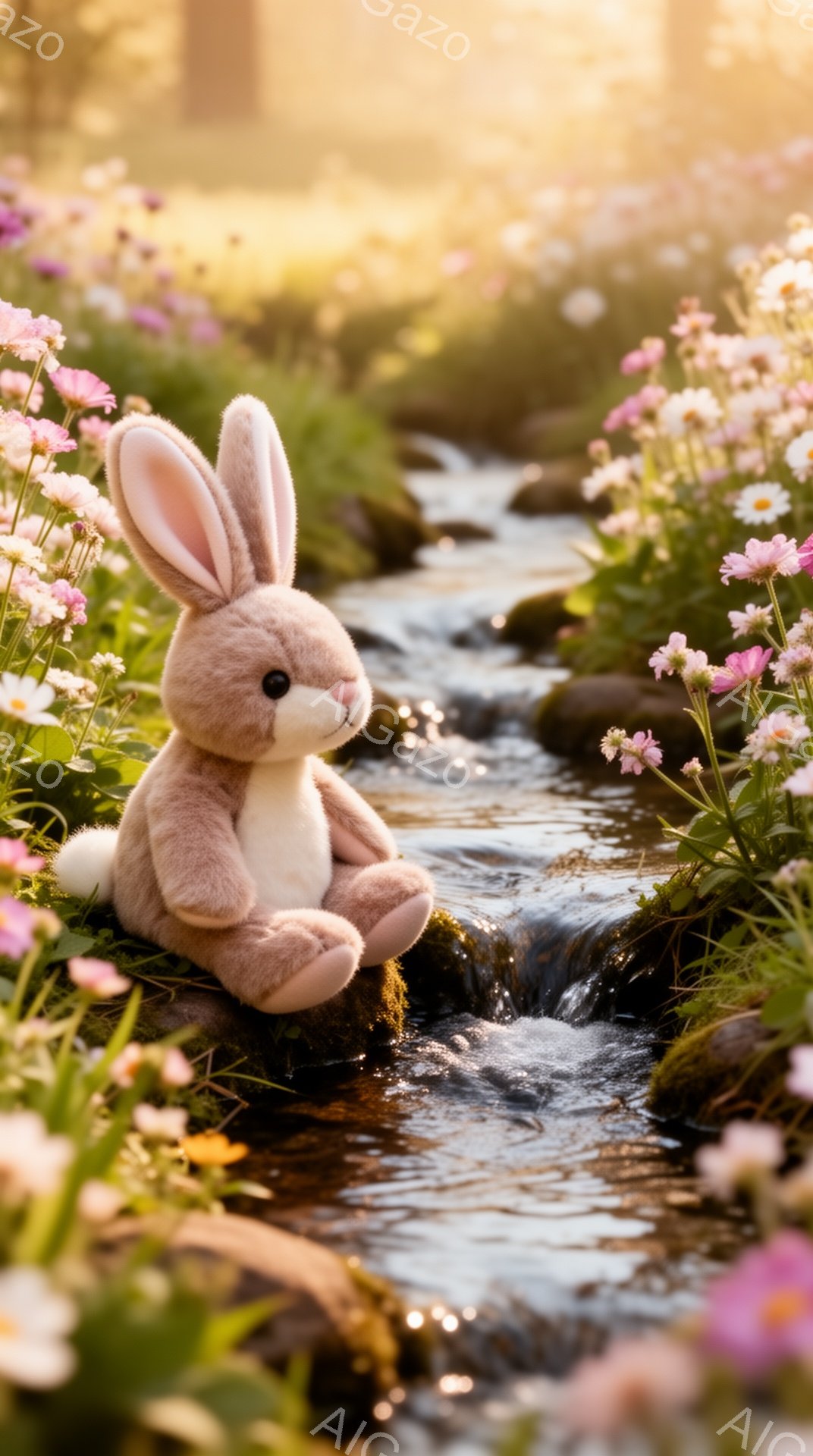 小さなウサギのぬいぐるみは、岩の上に座って穏やかな小川を見下ろしています。周りにはピンク色の花が咲き乱れ、日差しが暖かく、穏やかな雰囲気を醸し出しています。可愛らしいウサギと美しい自然が調和した、心安 - AI生成フリー素材