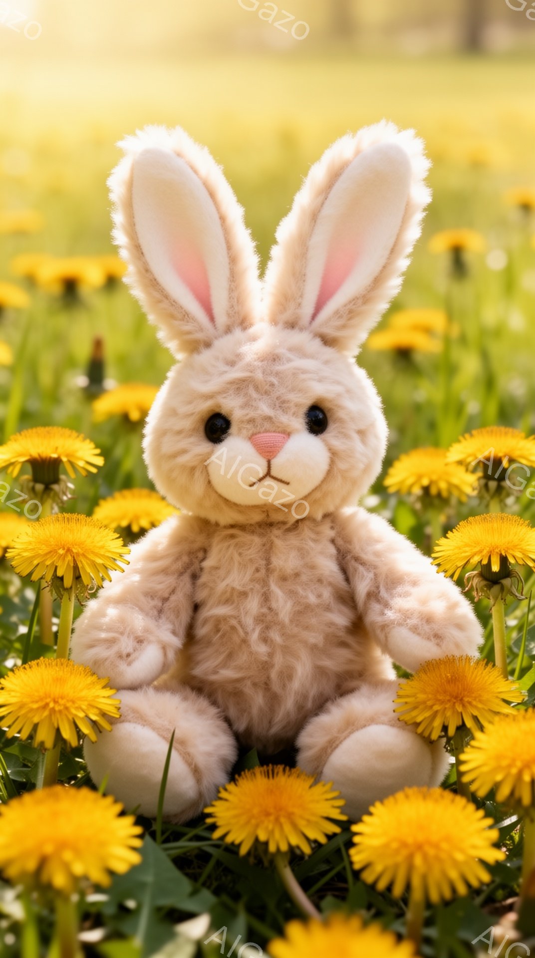 淡いクリーム色のふわふわしたウサギのぬいぐるみは、鮮やかな黄色のタンポポが咲き乱れる草原に座っています。ウサギは丸い瞳で正面を見つめ、優しい雰囲気を醸し出しています。背景は柔らかい光に包まれ、春の暖か - AI生成フリー素材