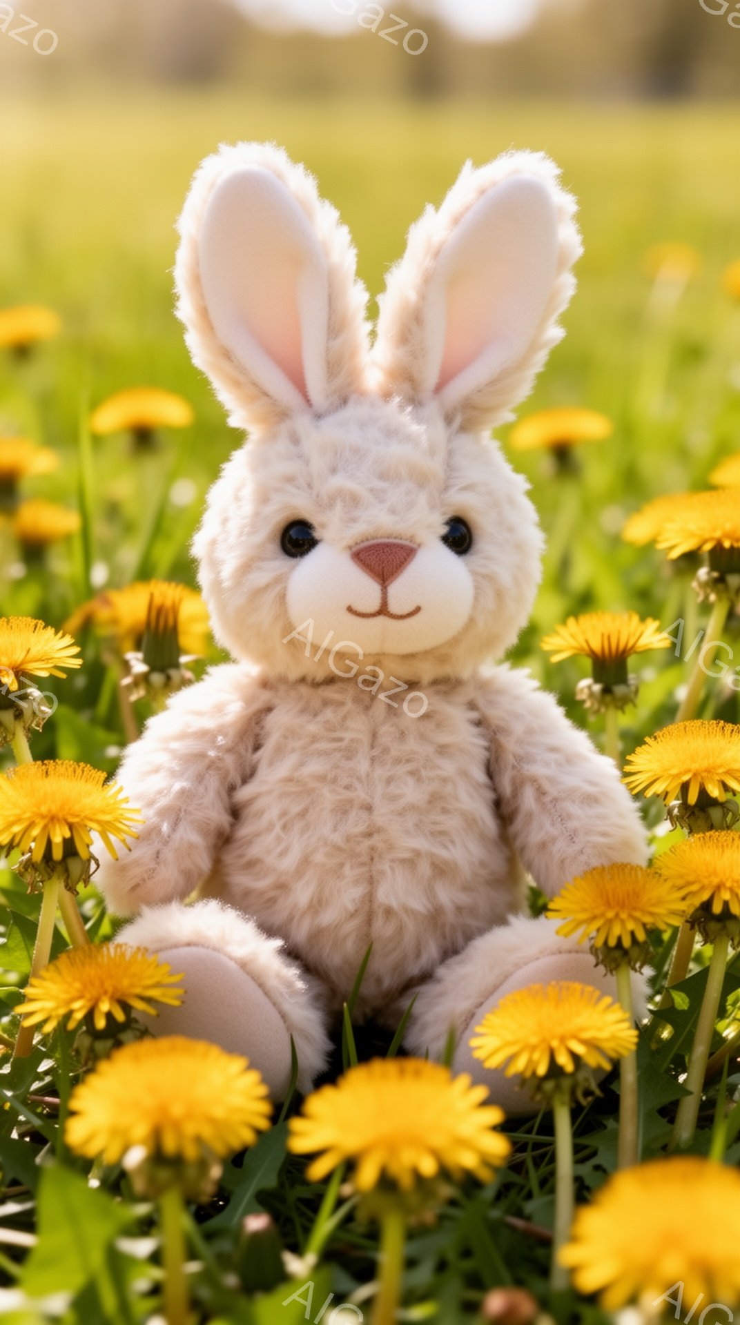 淡いクリーム色の毛並みを持つ、可愛らしいぬいぐるみウサギがタンポポがたくさん咲く草原に座っています。ウサギは正面を向き、つぶらな瞳で優しい表情を浮かべており、春の穏やかな陽気に包まれた暖かく平和な雰囲気が漂います。背景は鮮やかな緑色で、光が柔らかく差し込んでいます。