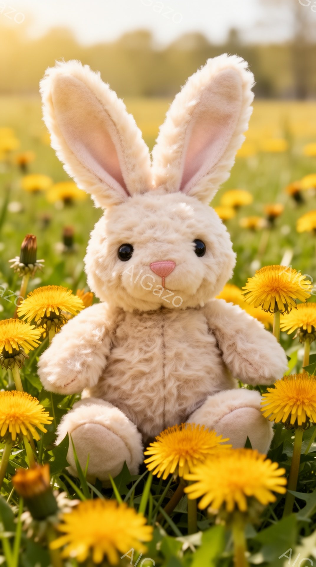 白くてふわふわしたウサギのぬいぐるみは、黄色いタンポポが咲き乱れる緑の草原に座っています。ぬいぐるみは正面を見つめており、つぶらな瞳が可愛らしい印象を与えます。背景はぼかされており、暖かく穏やかな雰囲 - AI生成フリー素材