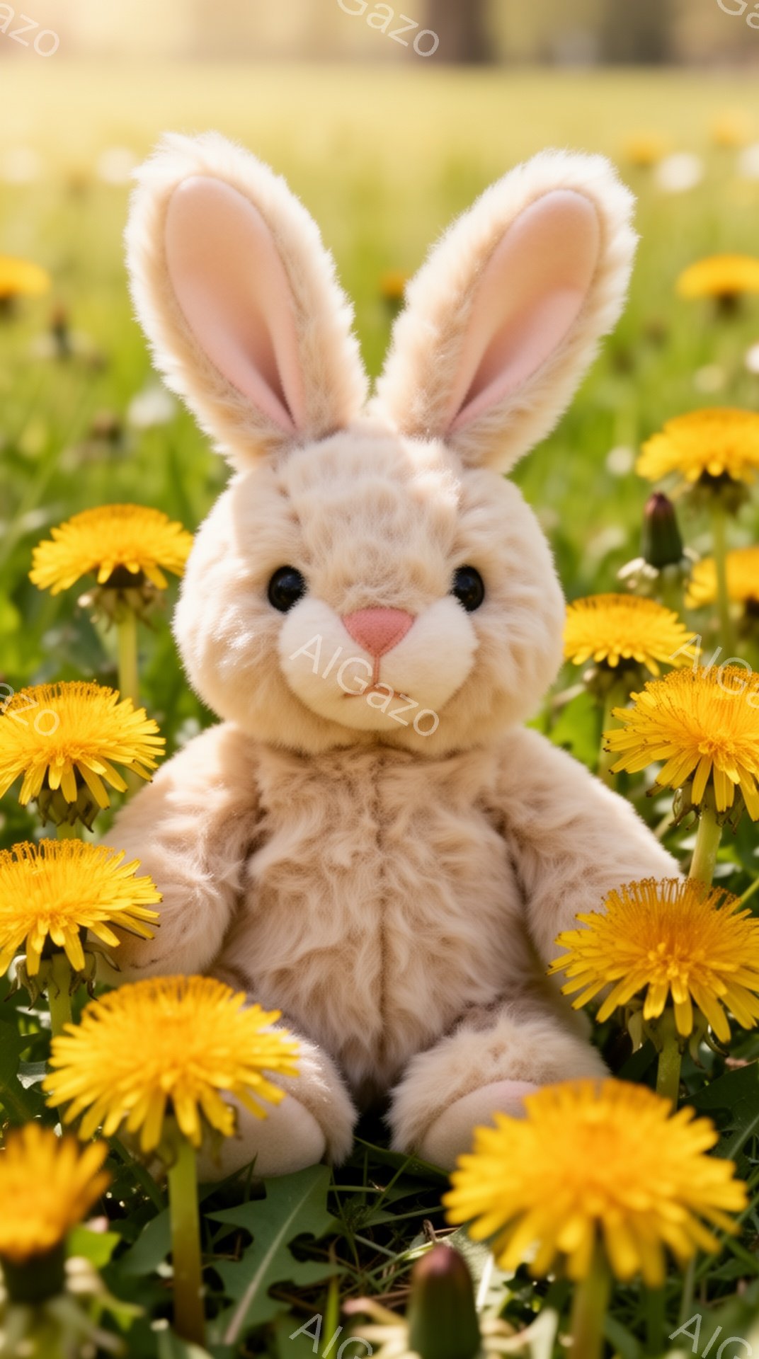 淡いベージュ色のウサギのぬいぐるみは、鮮やかな黄色いタンポポが咲き乱れる草原に座っています。ぬいぐるみは正面を向き、丸い目で可愛らしい表情を浮かべています。背景は緑豊かで、春の暖かく穏やかな雰囲気を醸 - AI生成フリー素材