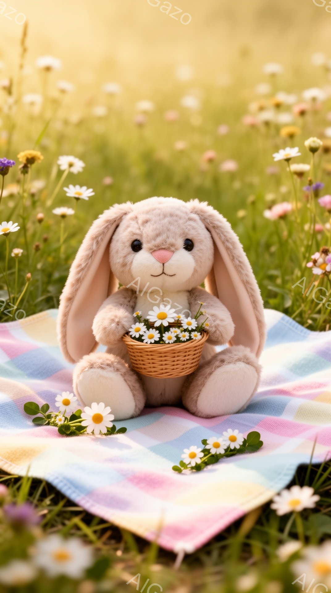 ふわふわのウサギのぬいぐるみは、花でいっぱいの小さなバスケットを抱えています。パステルカラーのチェックのブランケットの上に座り、周囲には色とりどりの野花が咲き乱れています。暖かく穏やかな雰囲気で、春の - AI生成フリー素材