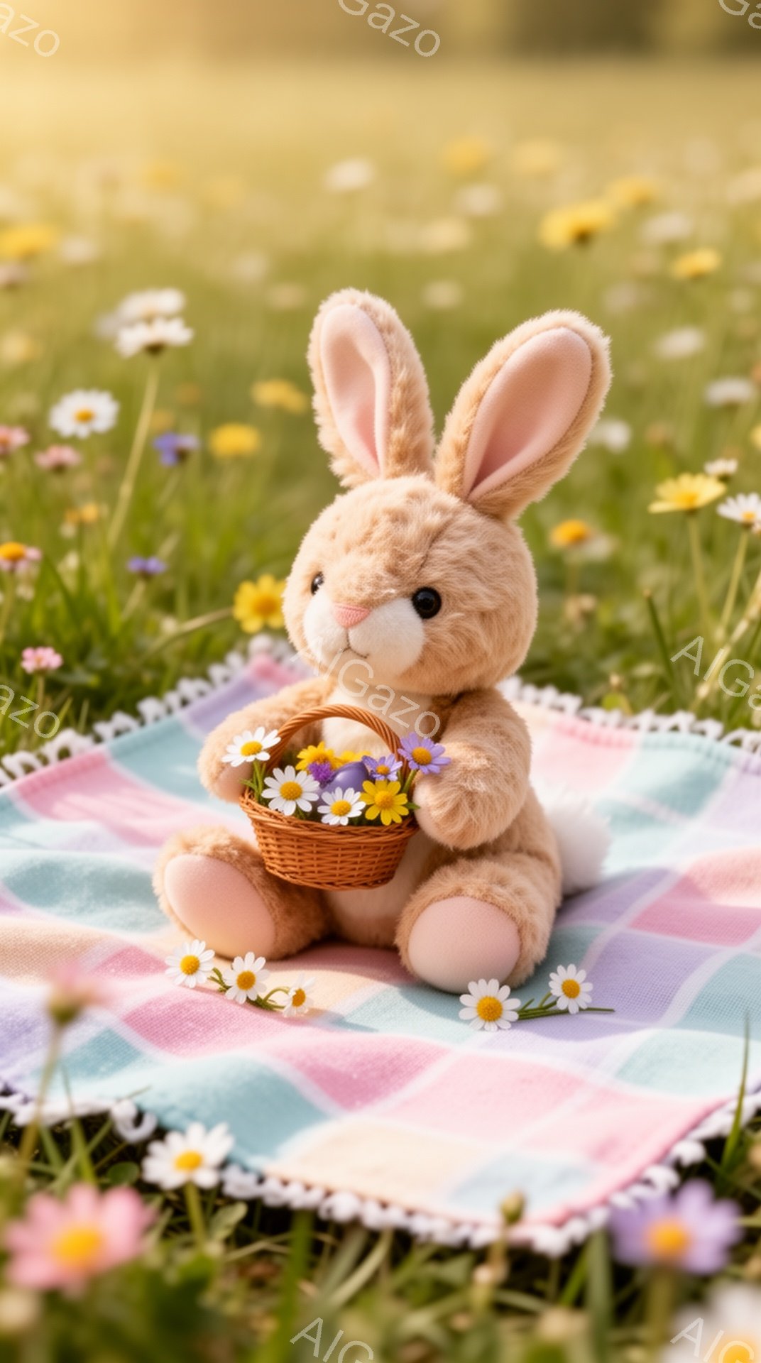 ふわふわの茶色のウサギのぬいぐるみは、ピンクと水色のチェックのブランケットの上に座っています。小さなバスケットいっぱいの黄色と紫の花を抱えており、周囲は花畑です。暖かく、穏やかな春の日の雰囲気が漂いま - AI生成フリー素材