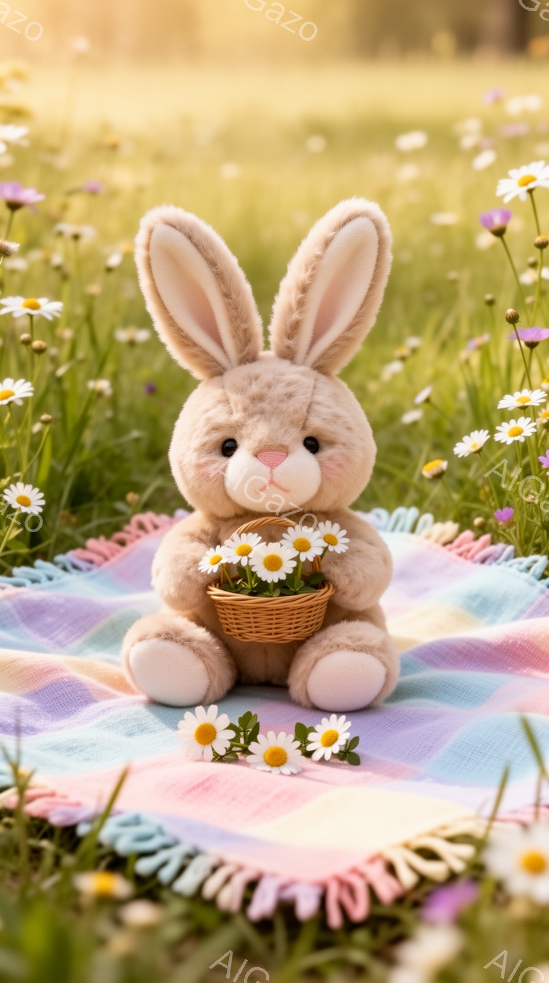 柔らかい毛並みのうさぎのぬいぐるみが、花柄のブランケットの上に座っています。小さな籠を持っており、中には可愛らしい白い花が飾られています。背景には様々な野花が咲き乱れ、春らしい穏やかな雰囲気が漂っています。