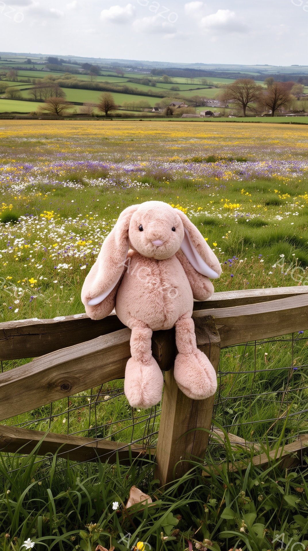ピンク色のふわふわしたウサギのぬいぐるみが、木製の柵に座ってこちらを見ています。背景には、黄色と紫色の小さな花が咲き乱れる緑の草原が広がり、遠くにはなだらかな丘陵地帯が見えます。穏やかで可愛らしい雰囲 - AI生成フリー素材