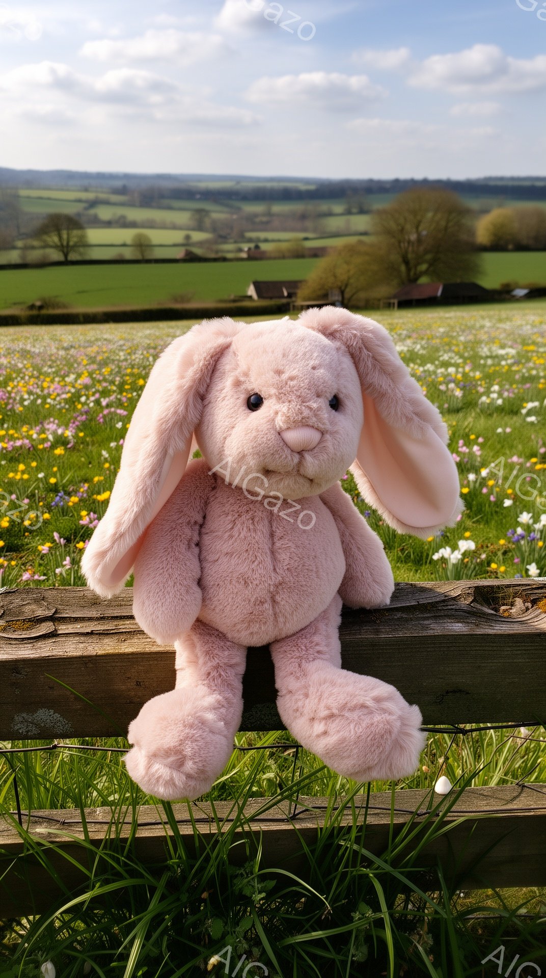 柔らかいピンク色のウサギのぬいぐるみは、木製の柵の上に座っています。背景には緑豊かな牧草地と点在する家々が見え、春らしい穏やかな雰囲気が漂っています。太陽の光が暖かく、可愛らしいウサギを優しく照らしています。