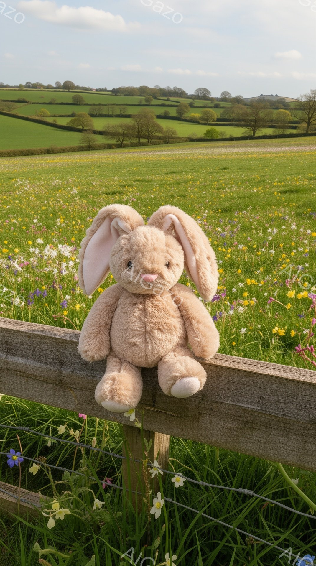 緑豊かな丘と野花が広がる風景の中に、フェンスの上にとまったふわふわのクリーム色のうさぎのぬいぐるみがあります。柔らかな表情と長い耳が特徴で、春の穏やかな日差しの中で静かに座っています。背景には穏やかな - AI生成フリー素材