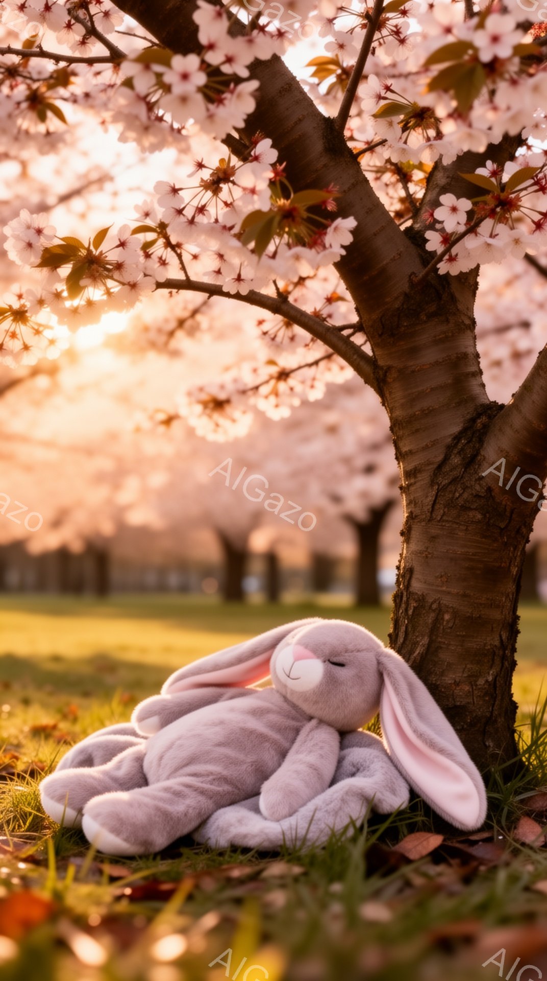 桜の木の下で、ふわふわの灰色のウサギのぬいぐるみが横たわっています。夕暮れ時の柔らかな光が桜の花びらとウサギの毛並みを照らし、穏やかな雰囲気を醸し出しています。背景には、桜並木が広がり、春の暖かさを感 - AI生成フリー素材