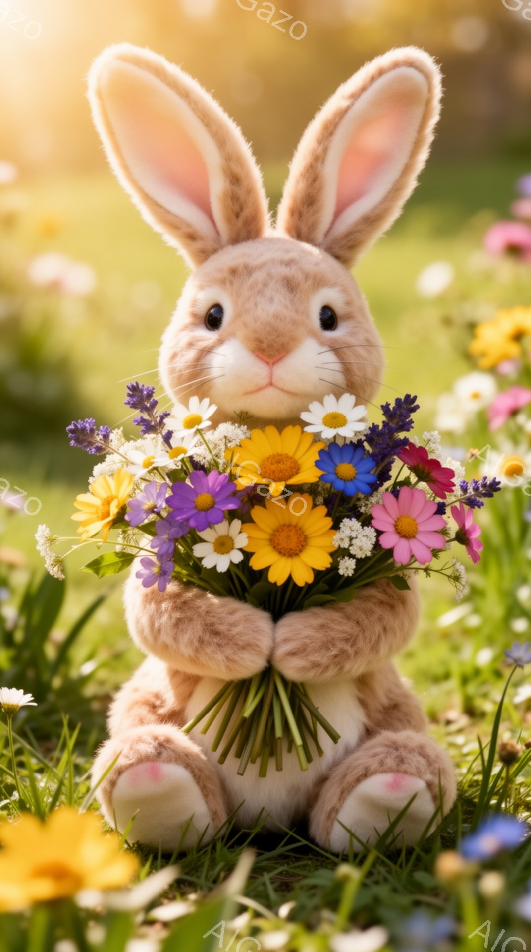 ふわふわの茶色のウサギが、色とりどりの花束を抱えています。背景には、さまざまな野花が咲き乱れる緑の草原が広がっており、春の陽気な雰囲気を醸し出しています。ウサギは正面を見つめ、優しげな表情を浮かべてい - AI生成フリー素材