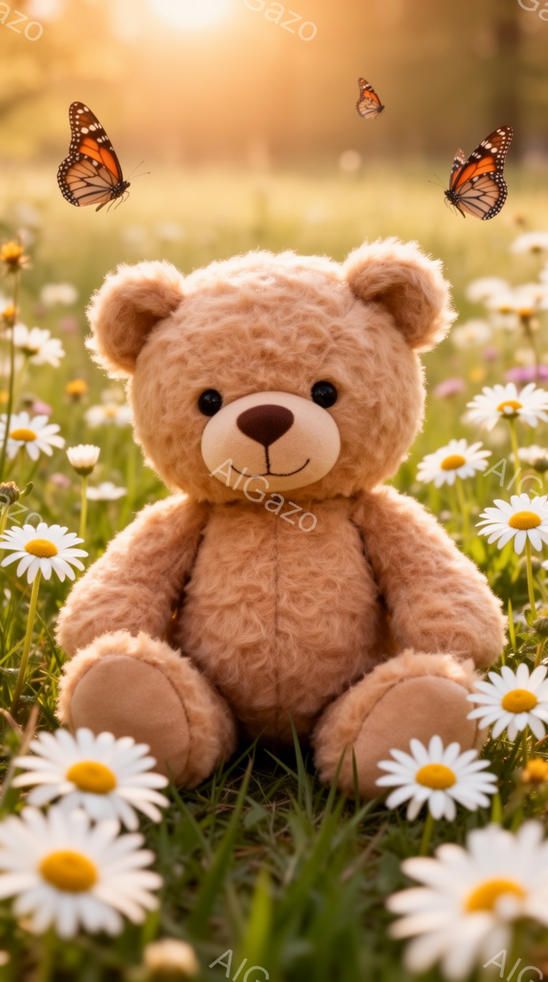 柔らかい茶色のテディベアが、白いデイジーの花々に囲まれた草原に座っています。背景はぼやけており、暖かい日差しが差し込み、穏やかで平和な雰囲気を作り出しています。蝶がテディベアの周りを舞っています。 - AI生成フリー素材