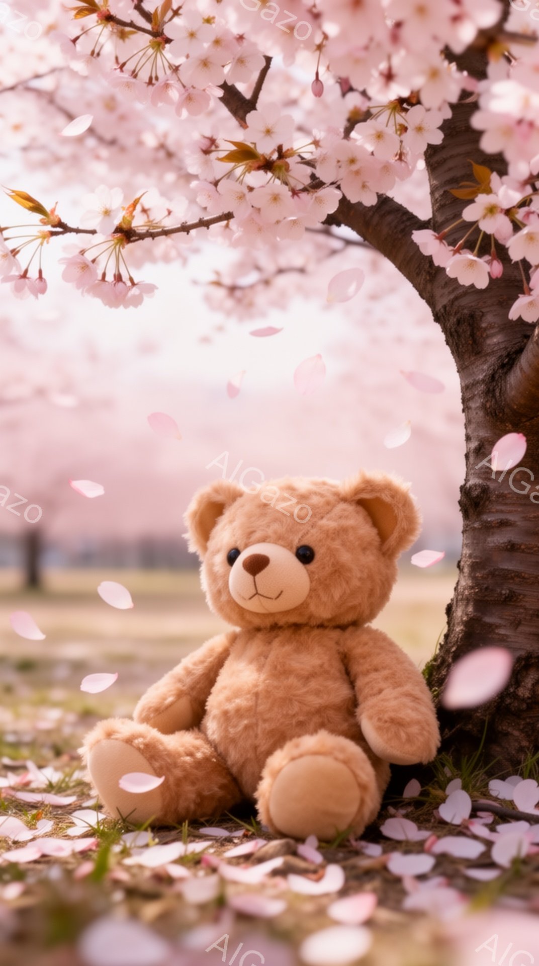 桜の木の下に座っているテディベアが写っています。周りには桜の花びらが舞い、春の穏やかな雰囲気を醸し出しています。柔らかい毛並みのクマは、どこか懐かしい気持ちにさせます。 - AI生成フリー素材