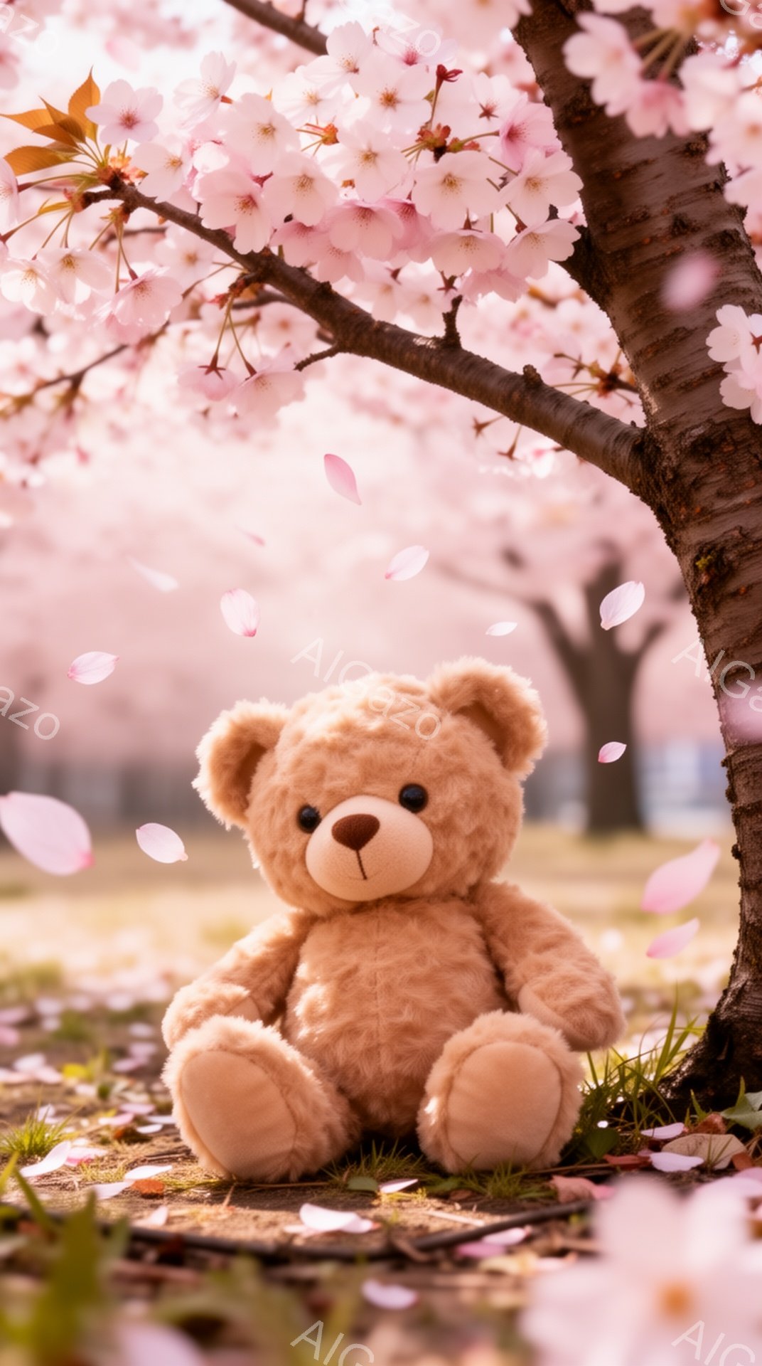 桜の木の下に座っているテディベアが写っています。ピンク色の桜の花びらが舞い散り、春らしい優しい雰囲気を醸し出しています。テディベアは柔らかい毛並みで、どこか懐かしい気持ちにさせてくれます。 - AI生成フリー素材