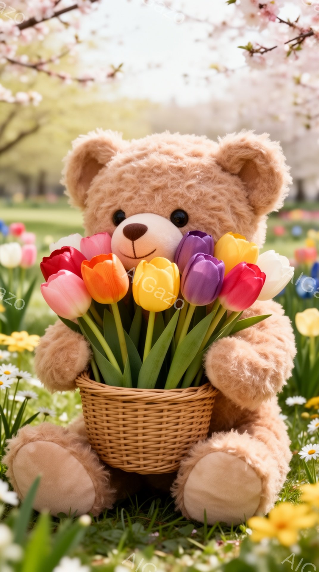 ふわふわの茶色のテディベアが、色とりどりのチューリップの花束が入ったバスケットを抱えています。背景には桜の木と花が咲き乱れる緑の草原が広がっており、春の暖かく穏やかな雰囲気が漂っています。テディベアは - AI生成フリー素材