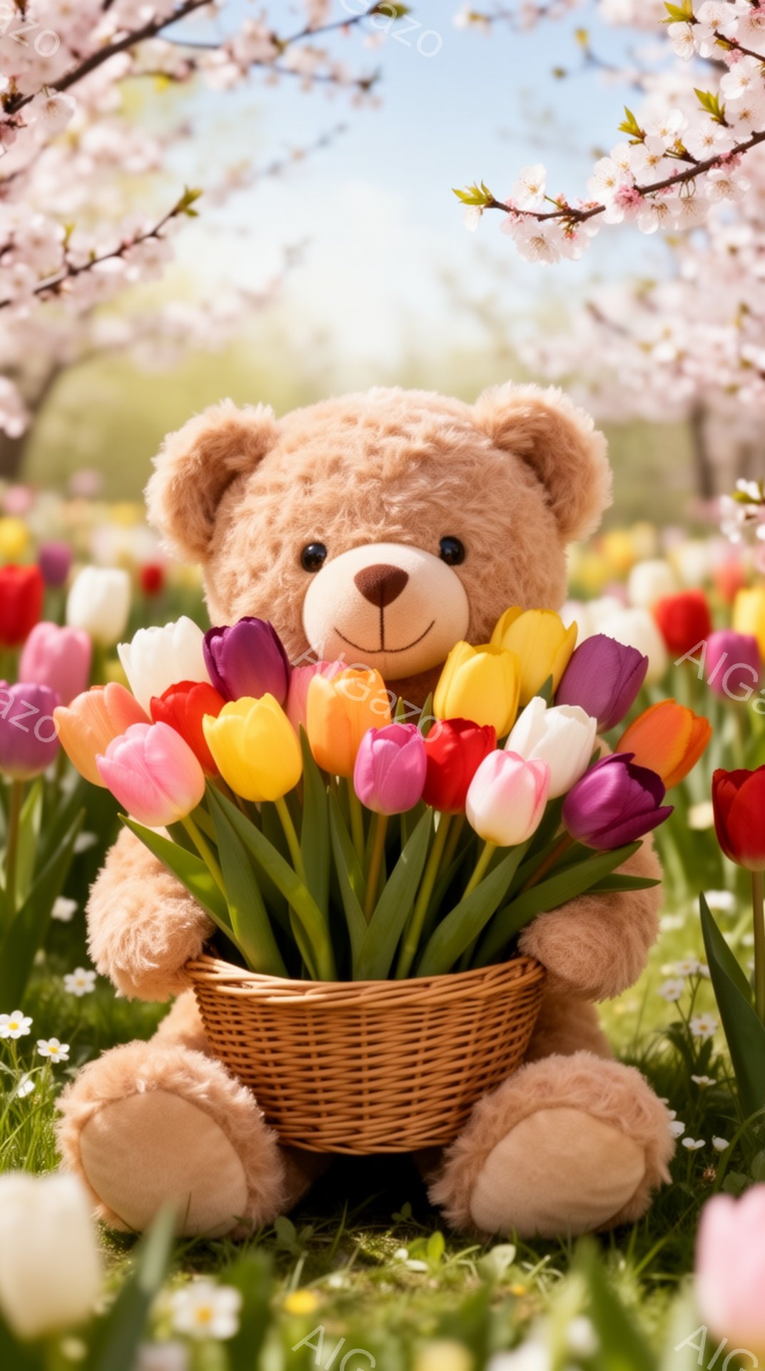 暖かく柔らかなテディベアが、色とりどりのチューリップの花束を抱えています。背景にはピンク色の桜の花が咲き誇り、春の穏やかな雰囲気を醸し出しています。草の上に座り、幸福な表情で花束を見つめるテディベアは - AI生成フリー素材