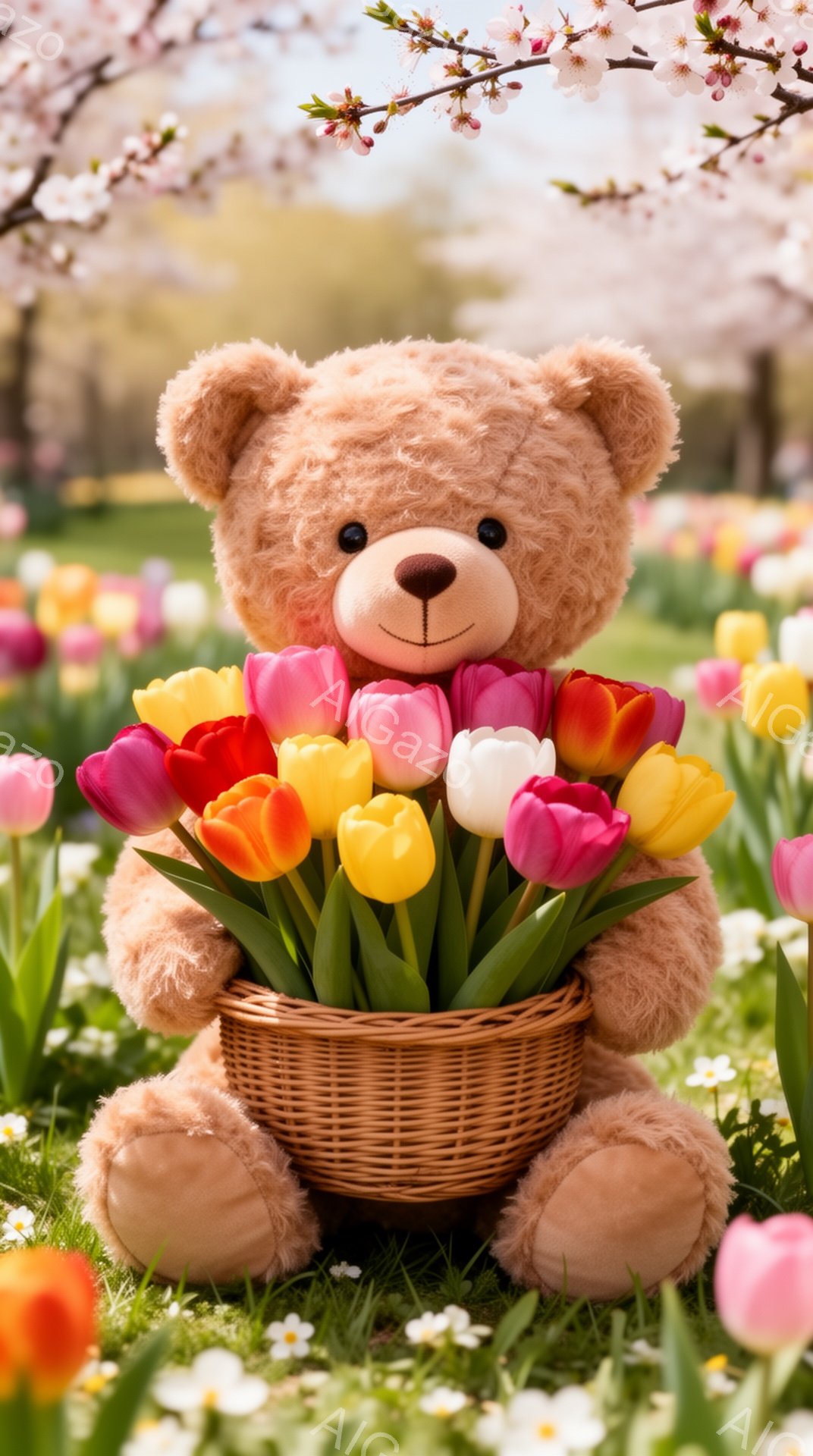 ふわふわのテディベアが、色とりどりのチューリップの花が入ったバスケットを抱えています。背景には、ピンク色の桜と、様々な色のチューリップが咲き誇る春の庭園が広がっています。暖かく、幸せな雰囲気が漂う、可 - AI生成フリー素材