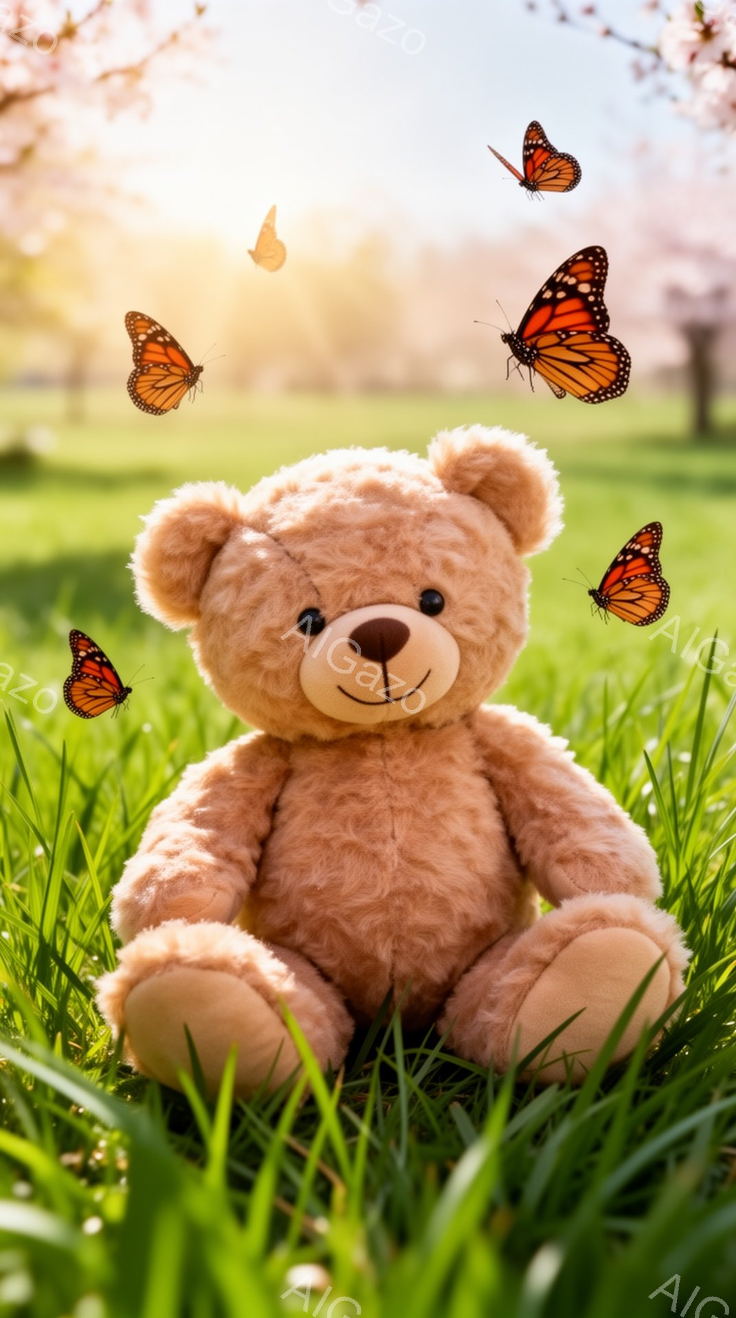 緑の草の上に座っている茶色のテディベアがいます。周りにはオレンジ色の蝶が舞っており、春らしい柔らかな光が差し込んでいます。背景にはぼんやりと木々が見え、穏やかな雰囲気です。 - AI生成フリー素材