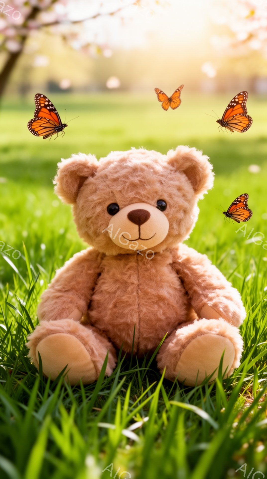 緑の草の上に座っている、ふわふわの茶色のテディベアです。周りにはオレンジ色の蝶が舞っており、柔らかい日差しが優しく照らしています。春らしい穏やかで温かい雰囲気の画像です。 - AI生成フリー素材